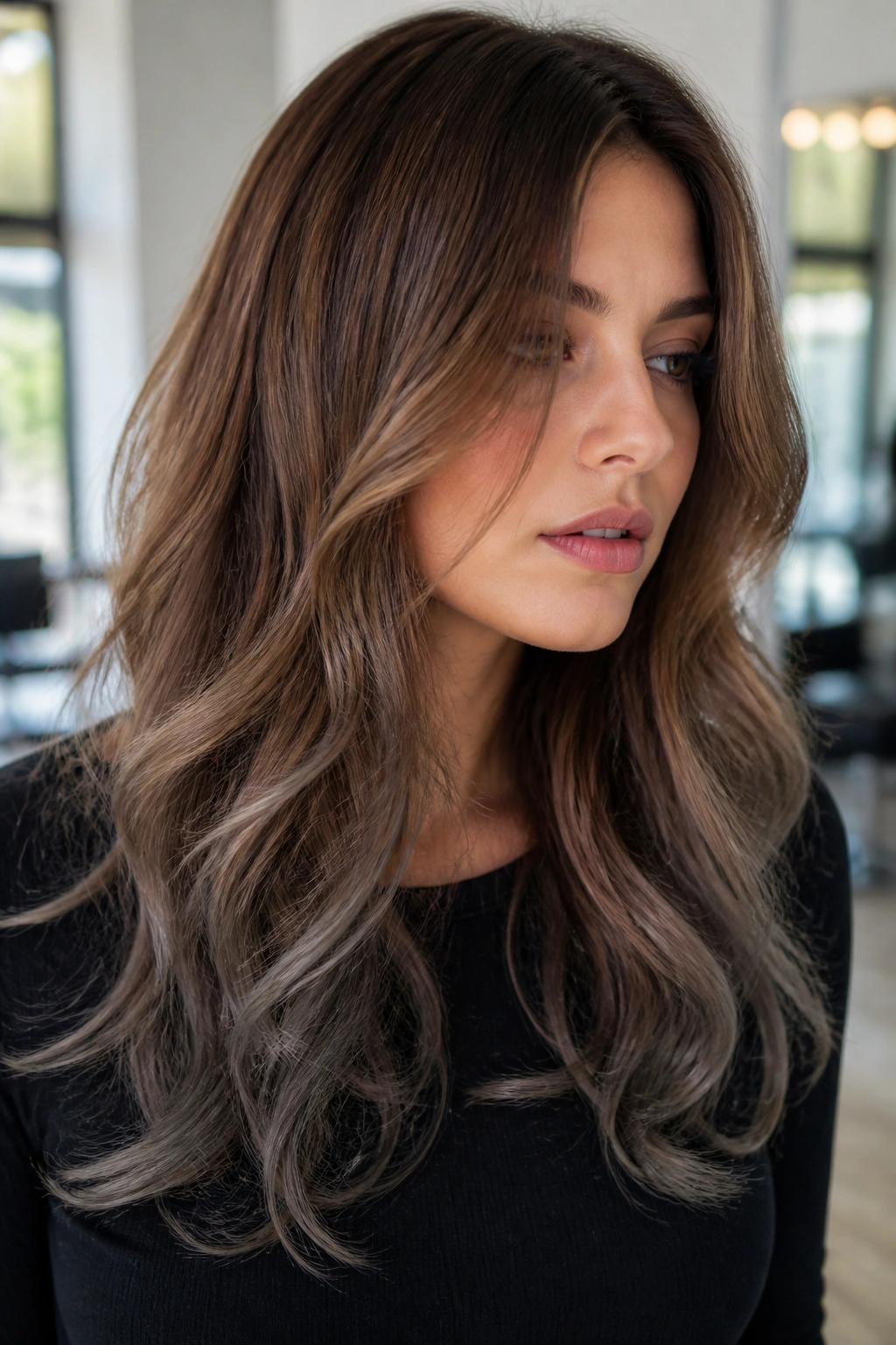 Close-up of walnut caramel with smoky ends on brunette hair