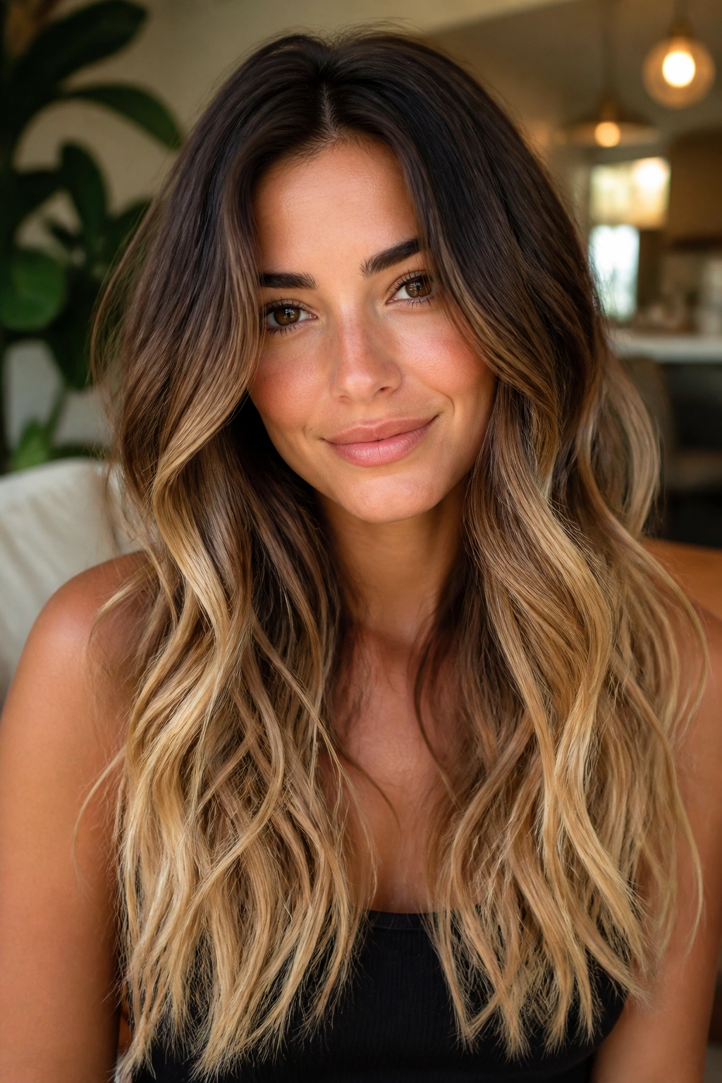 Portrait of a real woman with walnut brown roots fading to champagne blonde ends in long waves