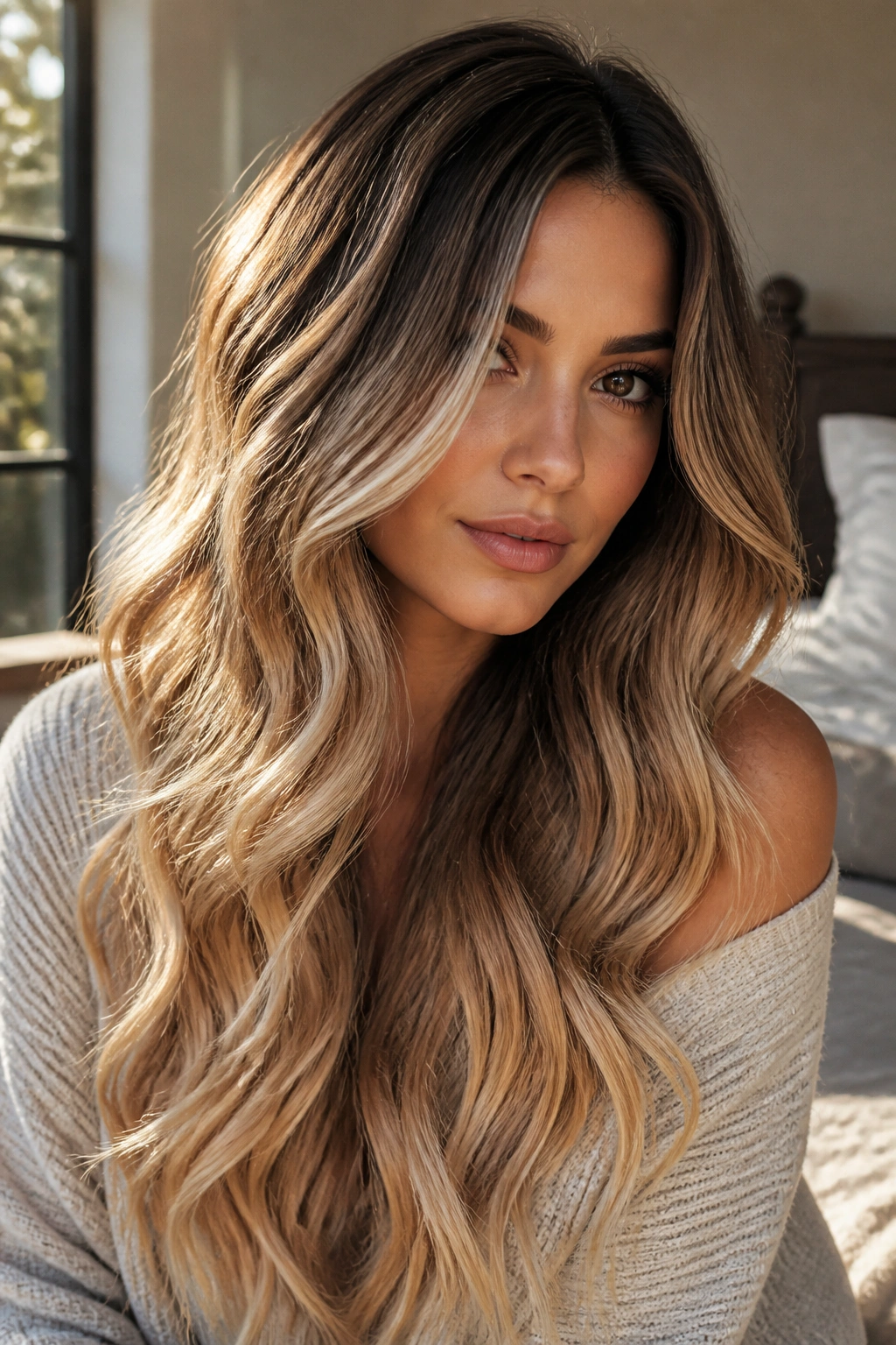 Close-up of a real woman with walnut brown roots blending into champagne blonde waves