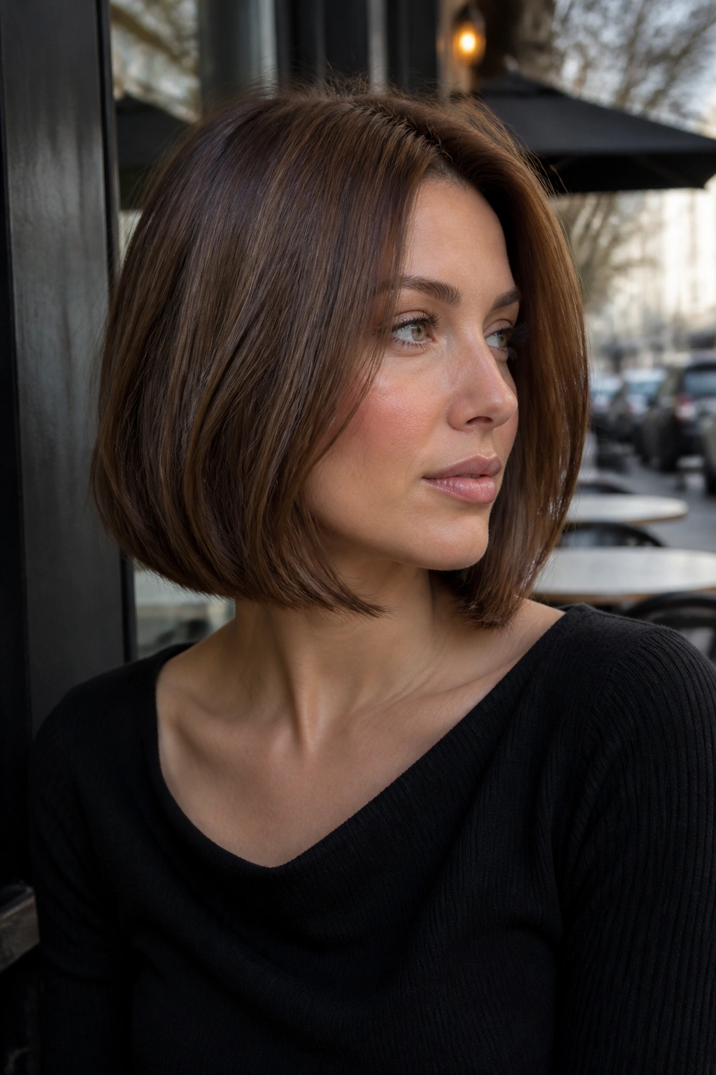 Close-up of real person with walnut chestnut lob hair in crisp straight style