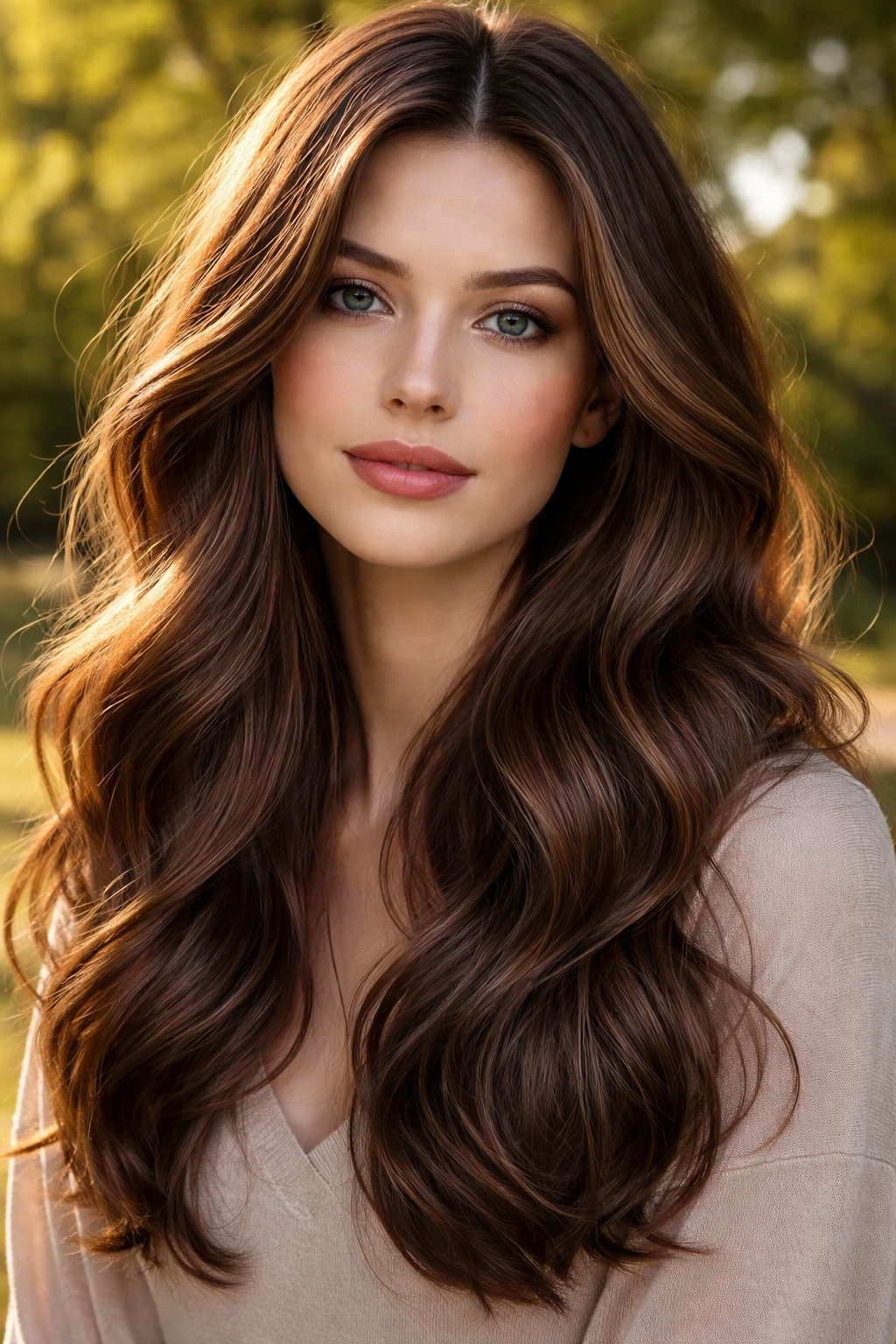 Close-up portrait of a person with walnut chestnut hair showing soft dimension outdoors.