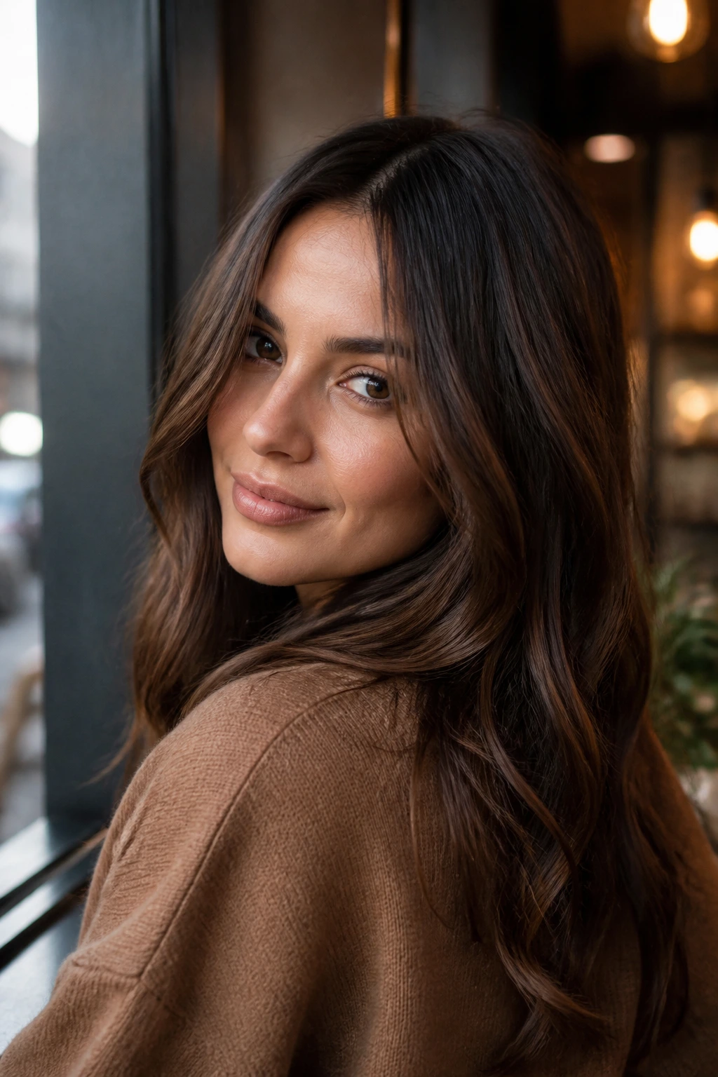 Warm brunette with deep walnut-chocolate lowlights.