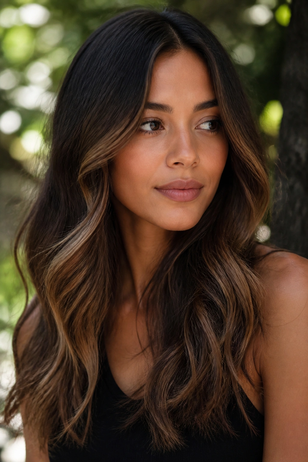 Close-up of a real woman with walnut chocolate ombre and smooth transition