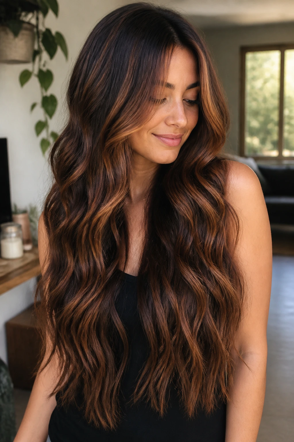 Long hair with walnut base and cinnamon dimension on a real person, shown in warm natural light.