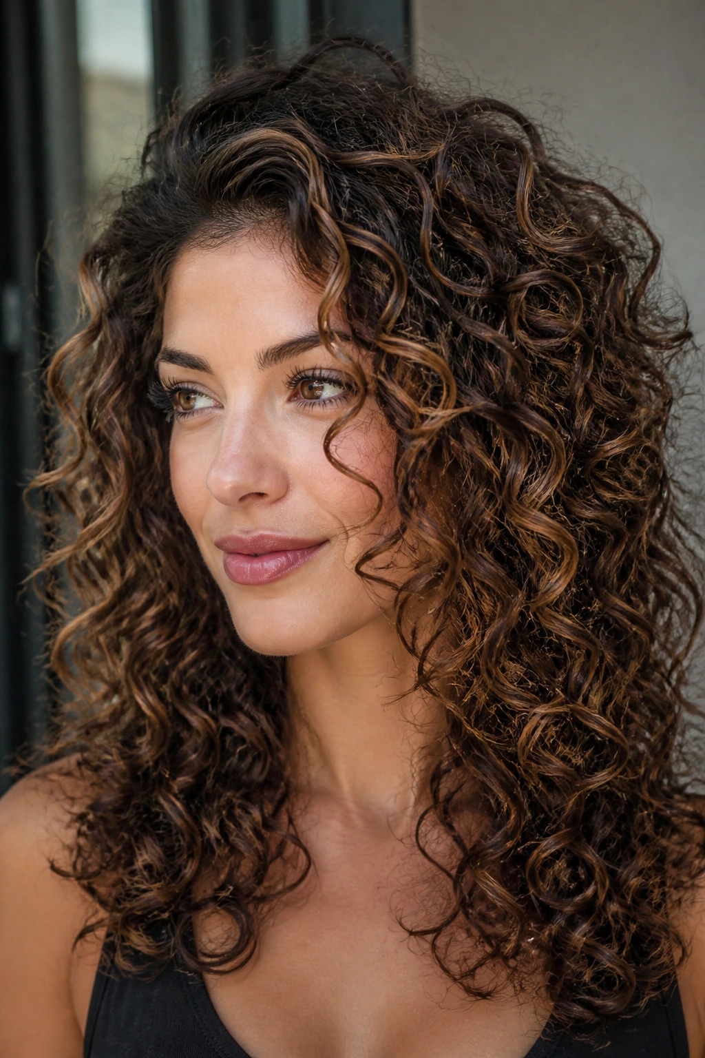 Curly brunette with walnut and espresso lowlights highlighting curls