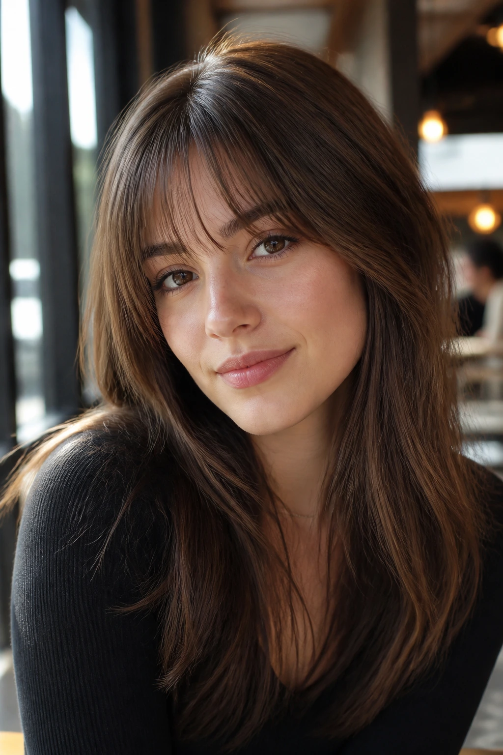 Close-up of a woman with glossy walnut hair and airy bangs