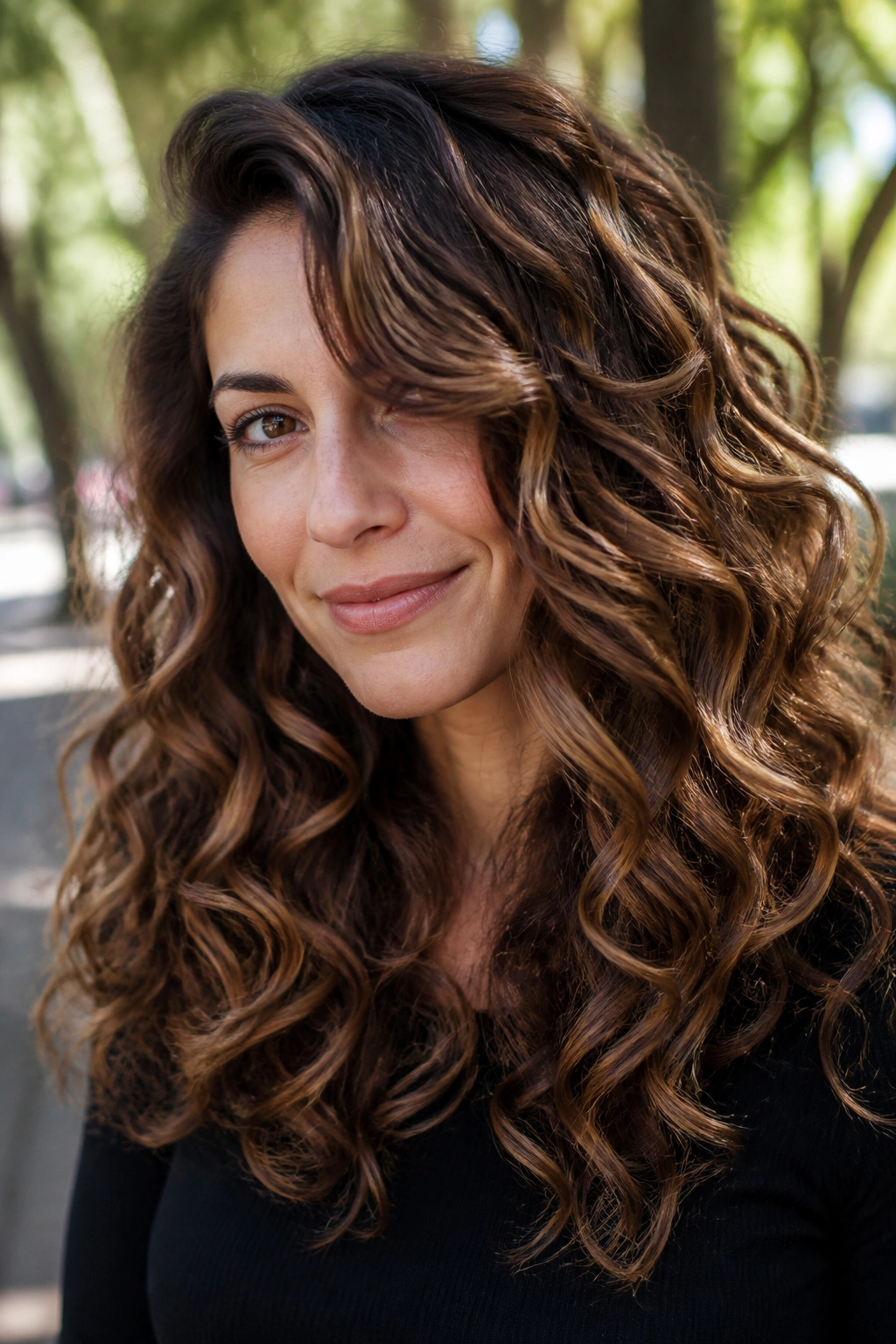 Brunette curls with walnut and hazelnut ribbons for depth.