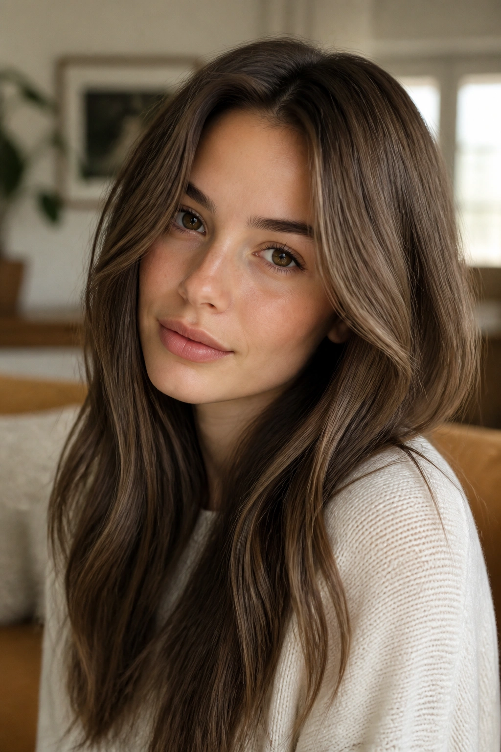 Portrait of a woman with walnut hazelnut hair and soft lowlights.