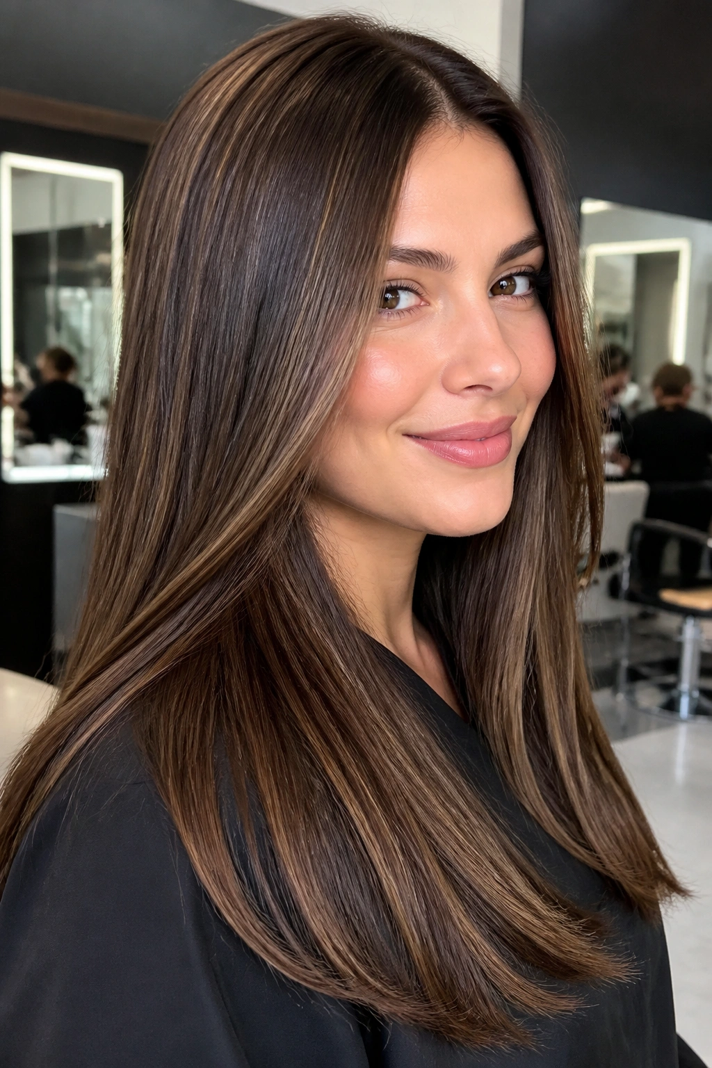 Close-up of walnut highlights in a sleek straight blowout