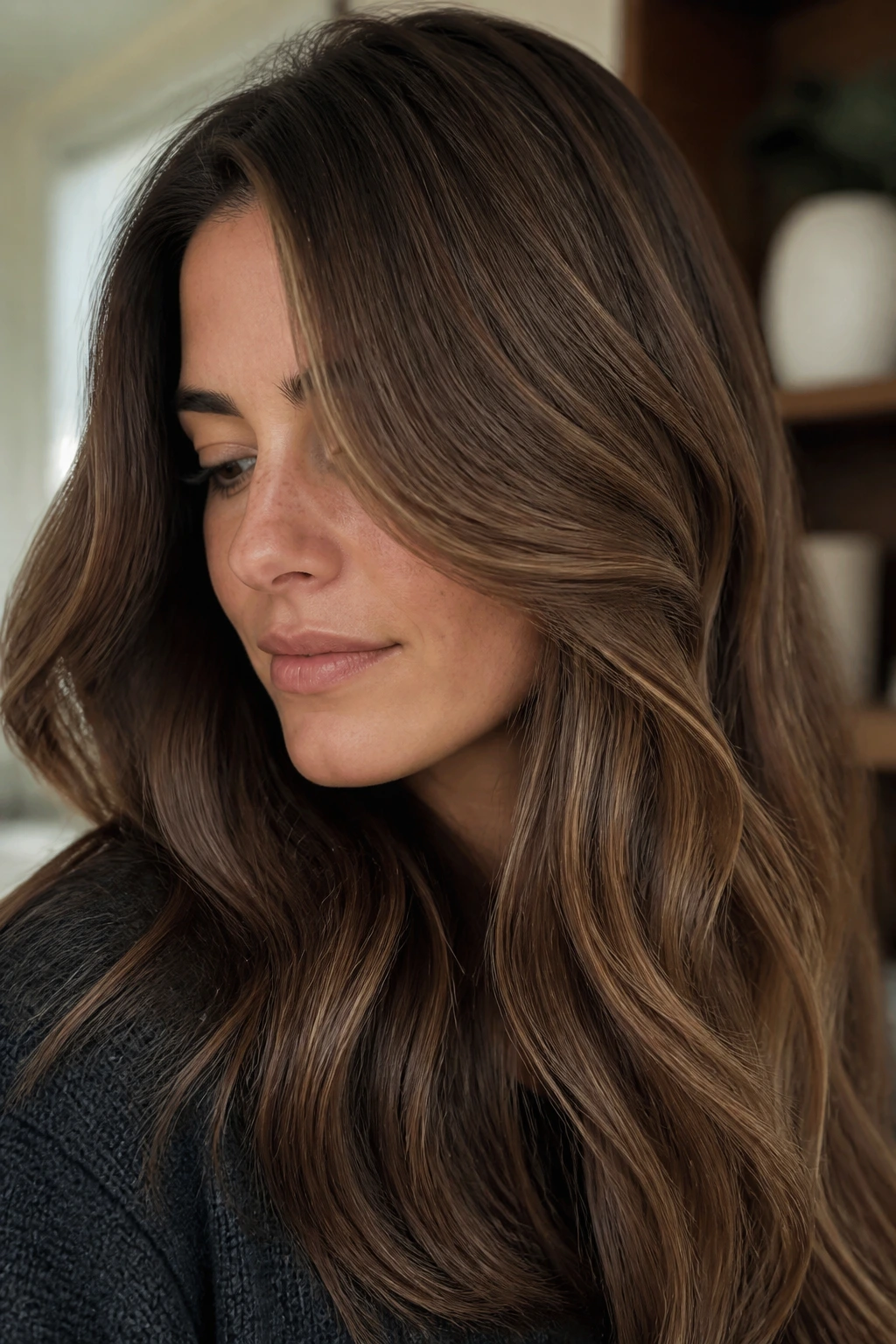 Close-up of walnut honey brown hair with micro-lowlights on a real person.