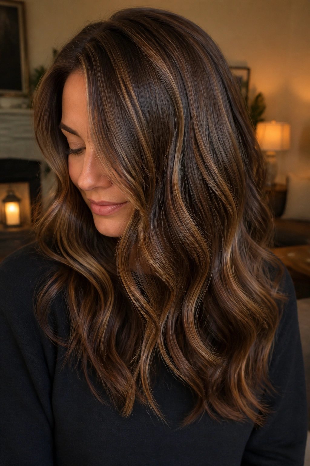 Close-up of a real woman with walnut brown hair and honey lowlights in warm living room light