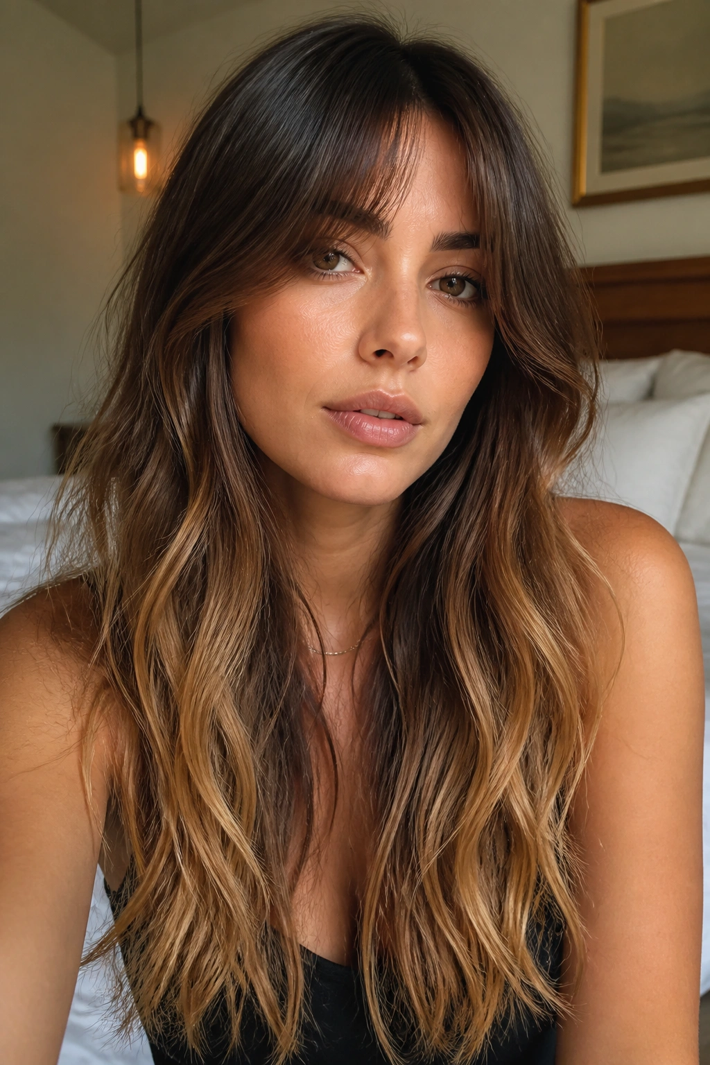 Close-up portrait of a real woman with walnut to honey ombre and curtain bangs in natural window light