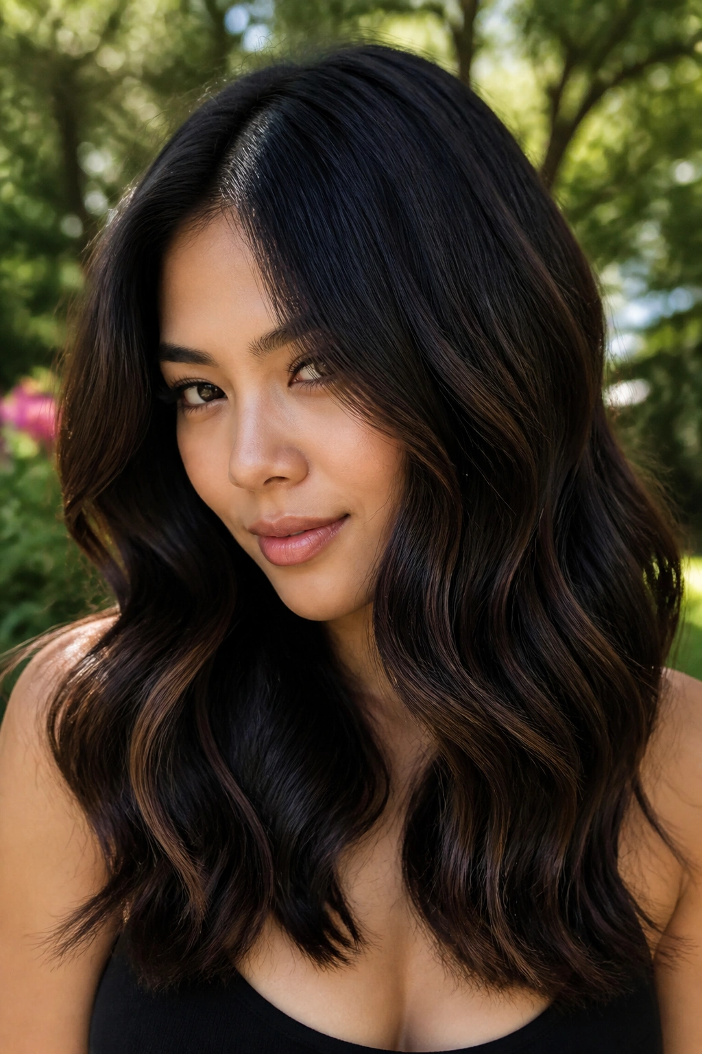 Portrait of a person with black hair and walnut lowlights in loose waves