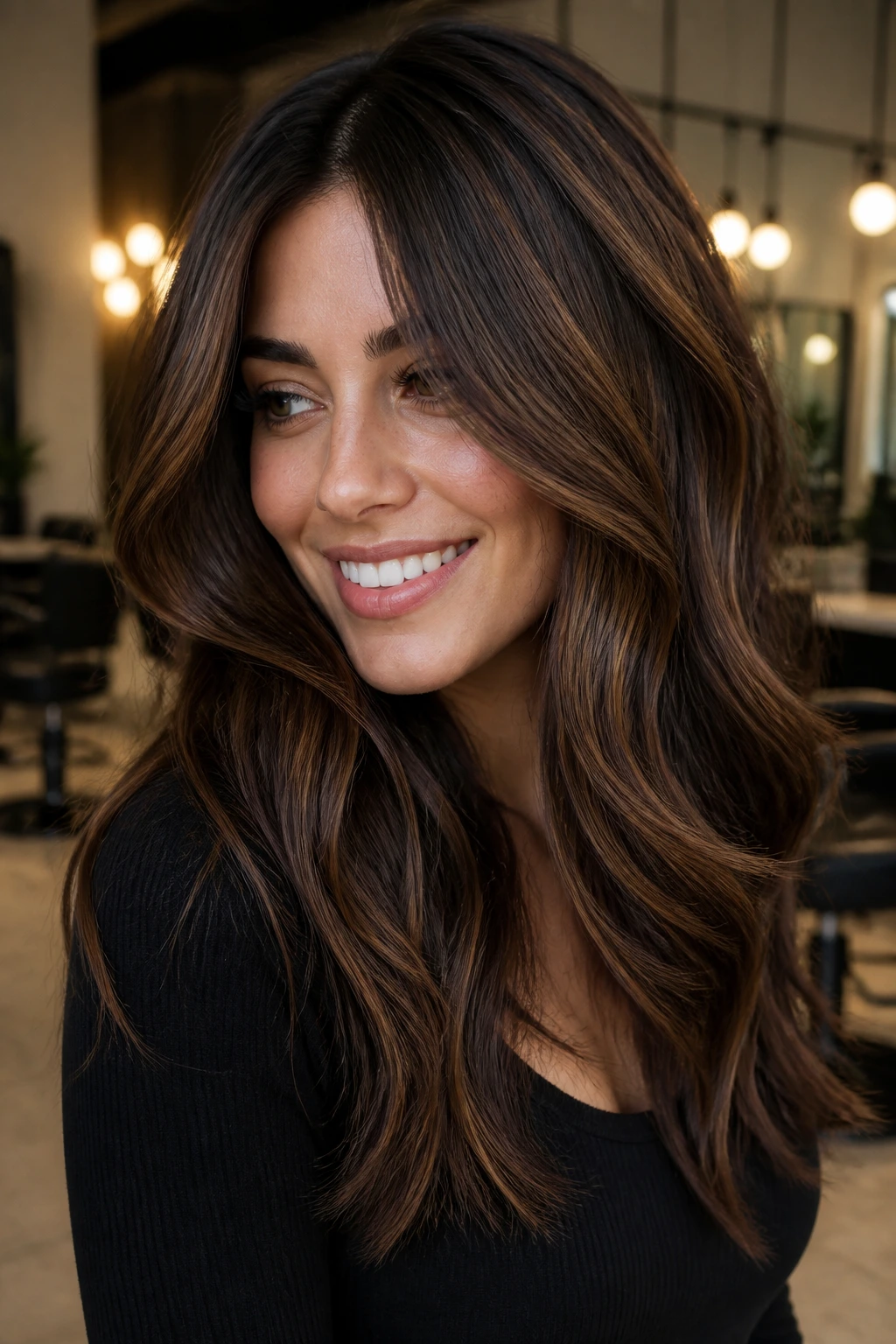Close-up of brunette with walnut lowlights in a salon setting