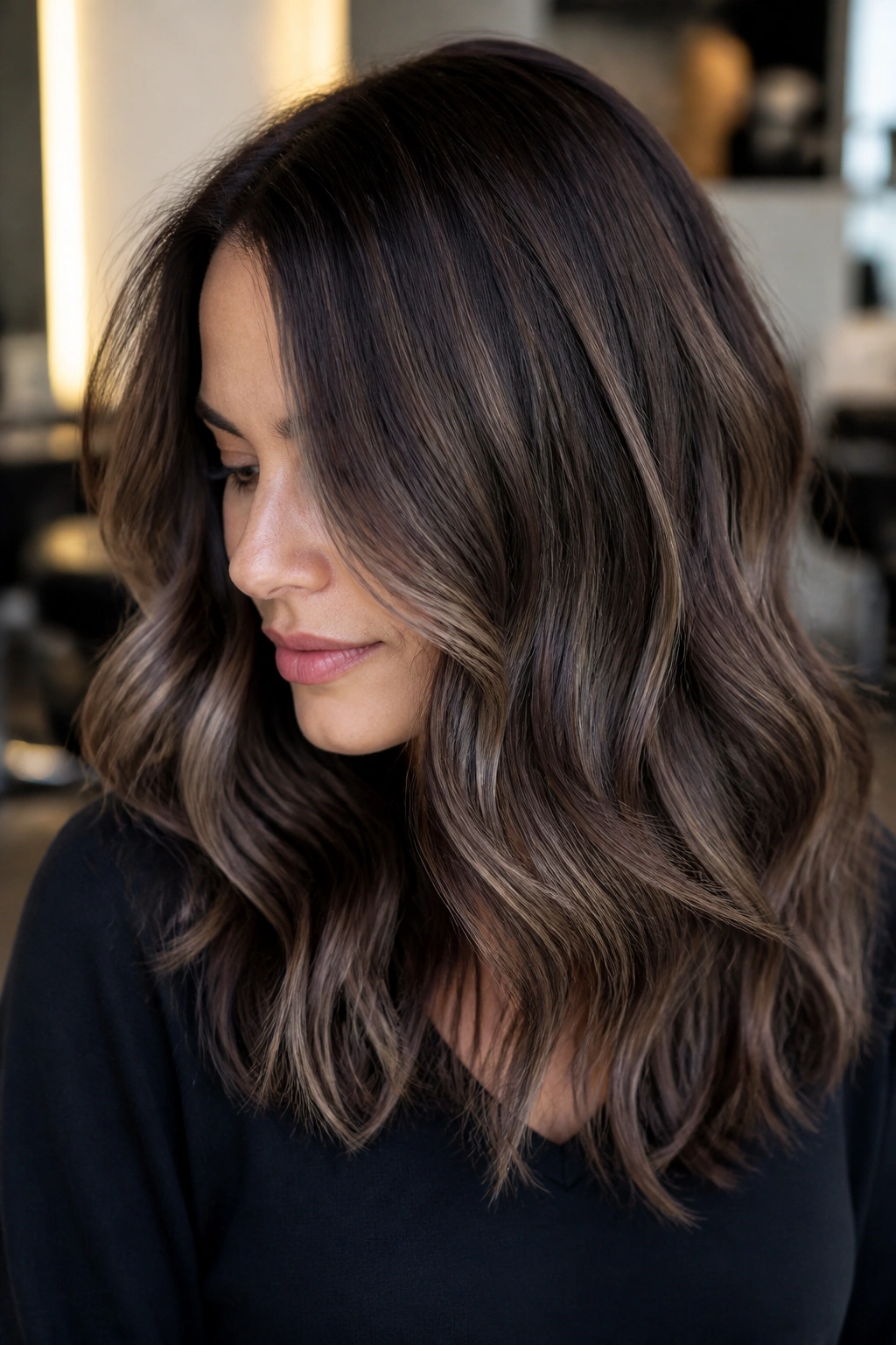 Cool brunette with walnut lowlights adding depth and ash undertones