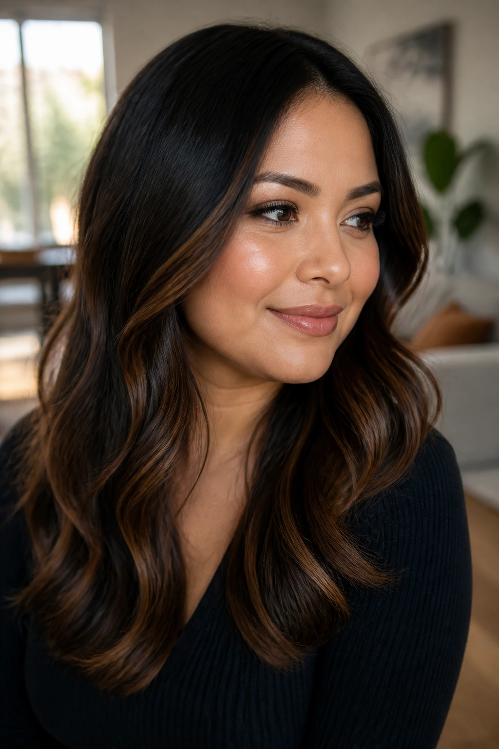 Real person with walnut lowlights adding depth to brown-black hair.