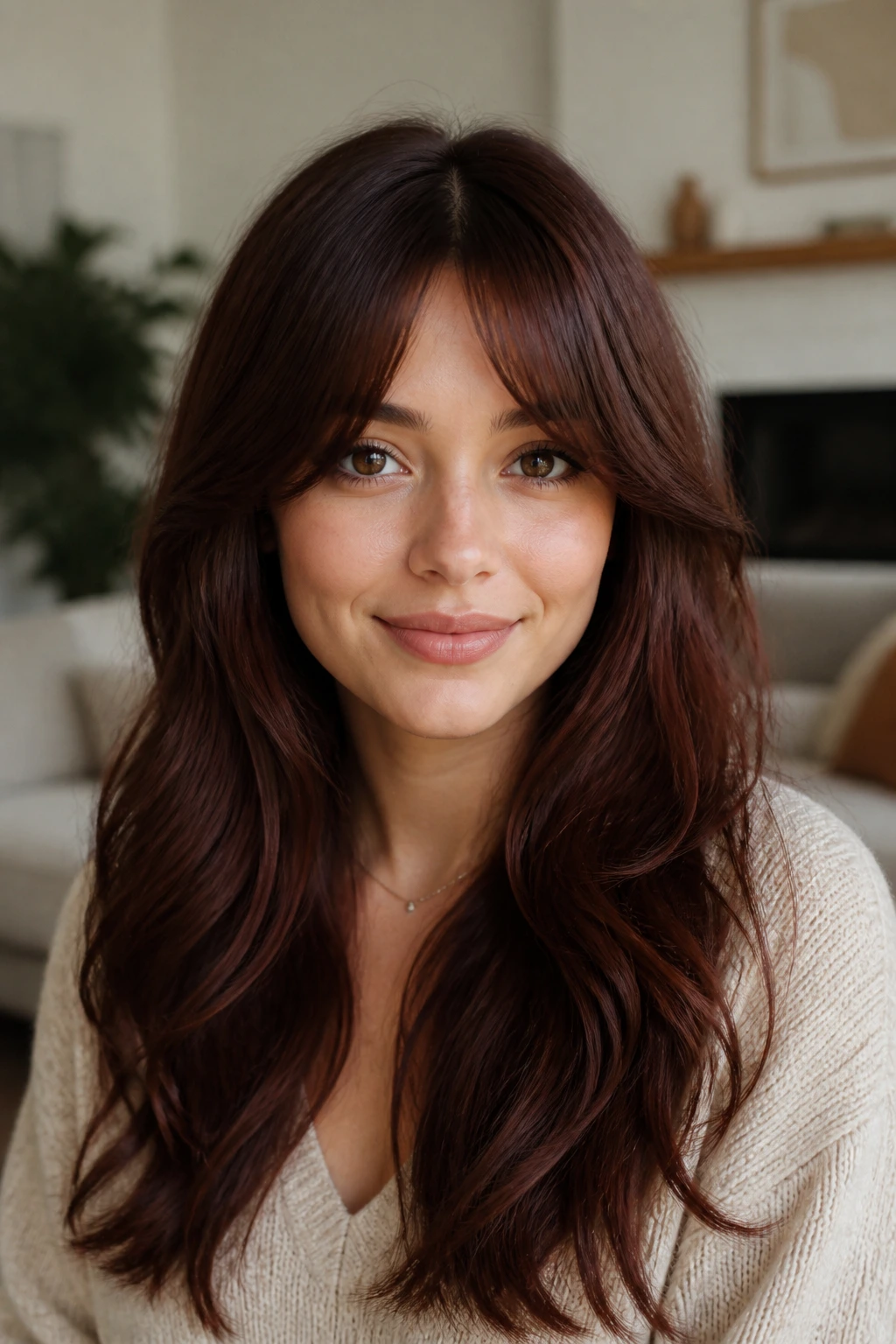 Front portrait of a real woman with walnut mahogany hair and soft bottle-neck bangs