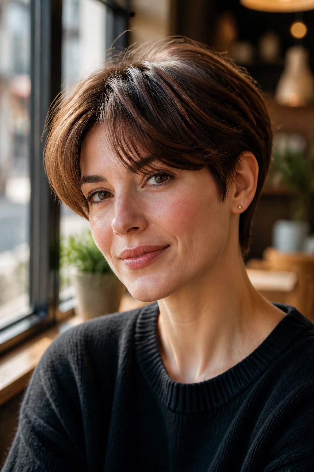 Close-up portrait of a real woman with walnut pixie and curtain bangs.