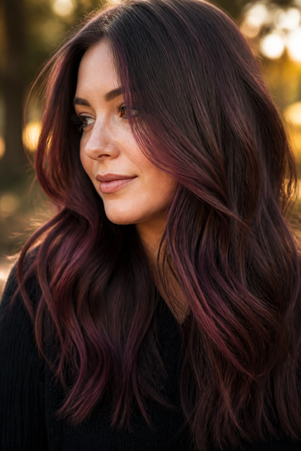 Close-up of a real woman with walnut wine balayage hair outdoors at golden hour