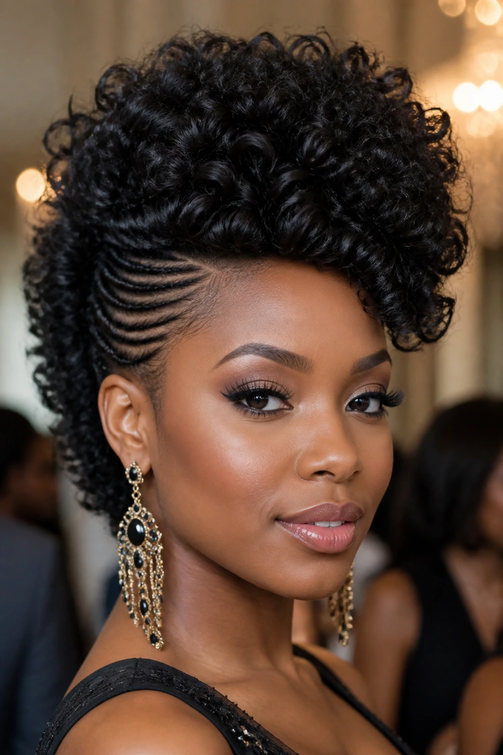 Close-up of woman with wand curl volume mohawk at an indoor event