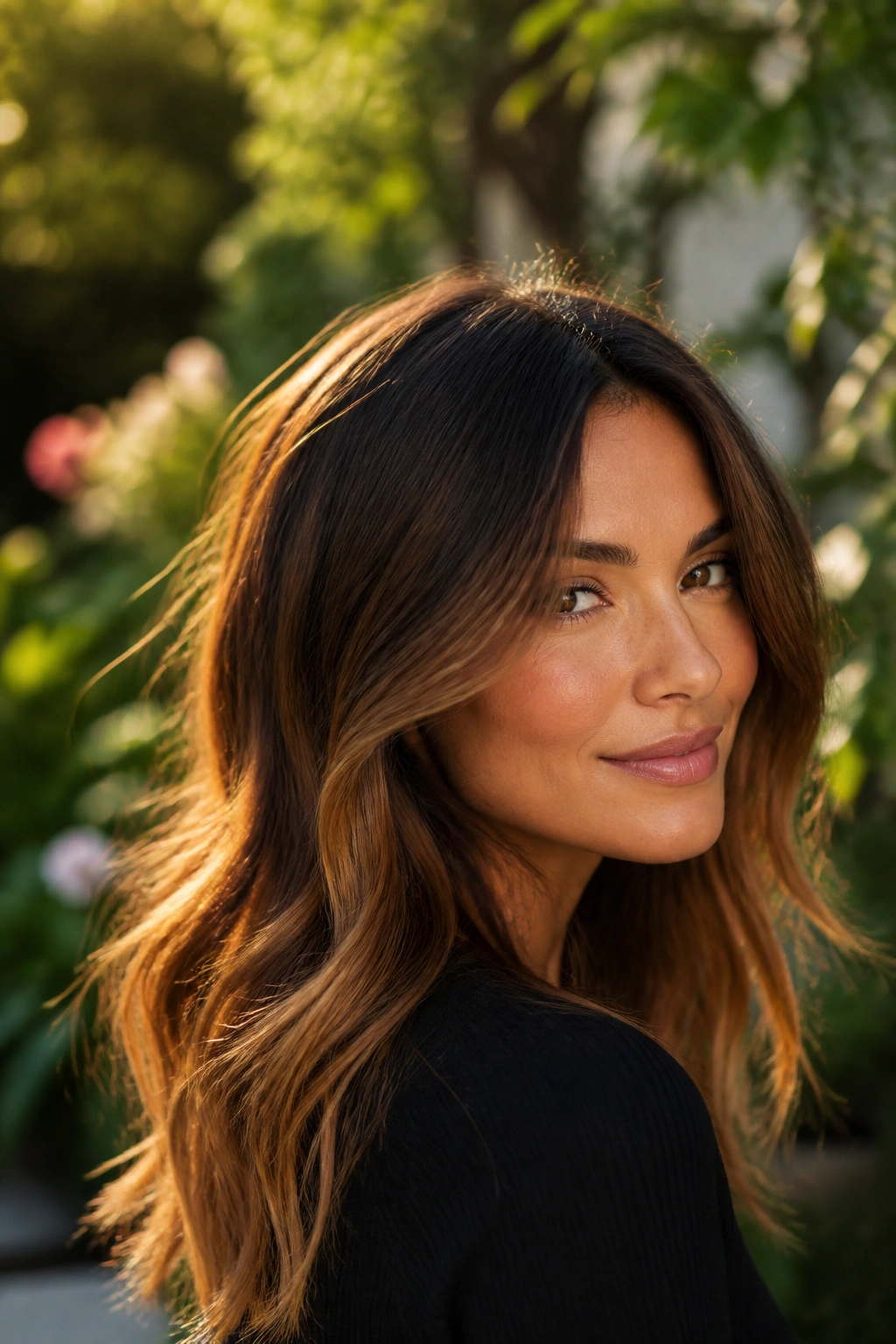 Close-up portrait of a real woman with warm amber balayage catching sunlight in a garden