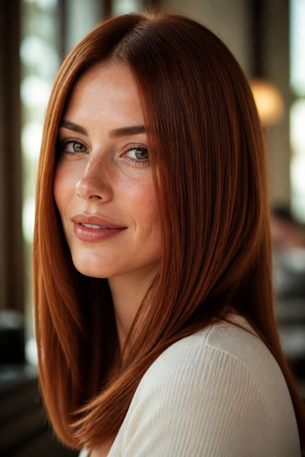 Portrait of a real person with warm auburn straight hair.