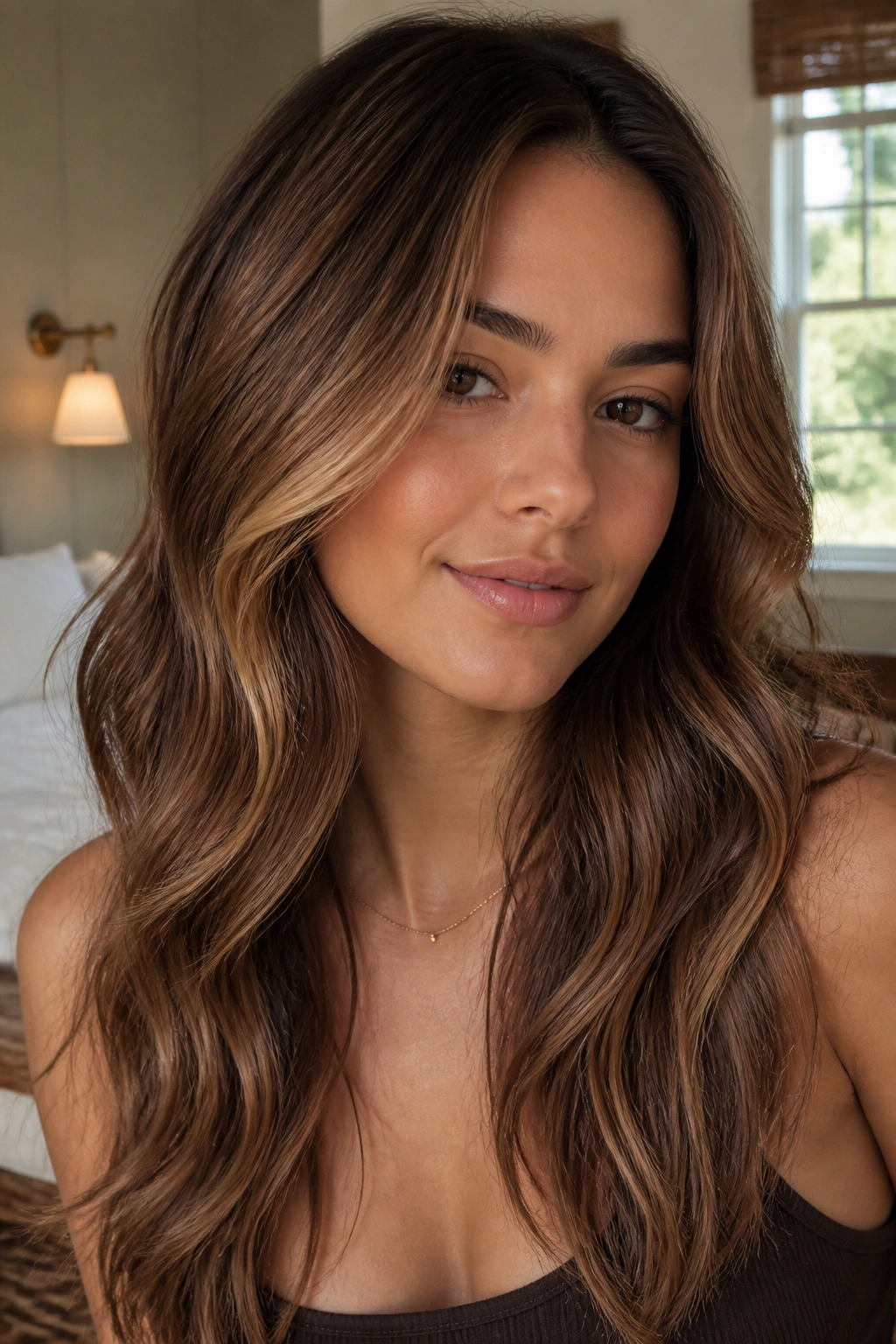 Close-up of a real woman with warm biscuit caramel highlights on chestnut brown hair