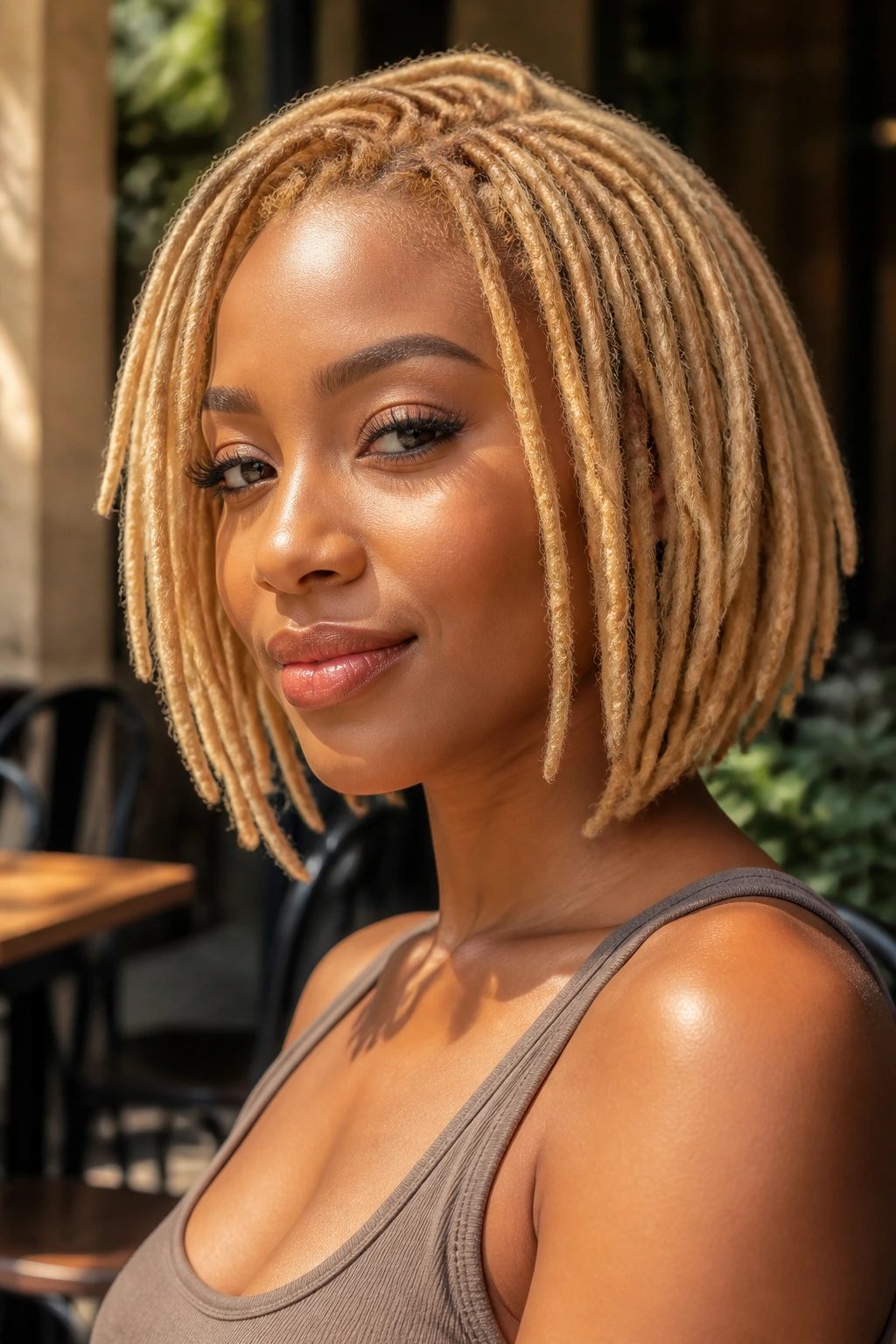 Close-up portrait of a real woman with a warm blonde bob with tapered ends