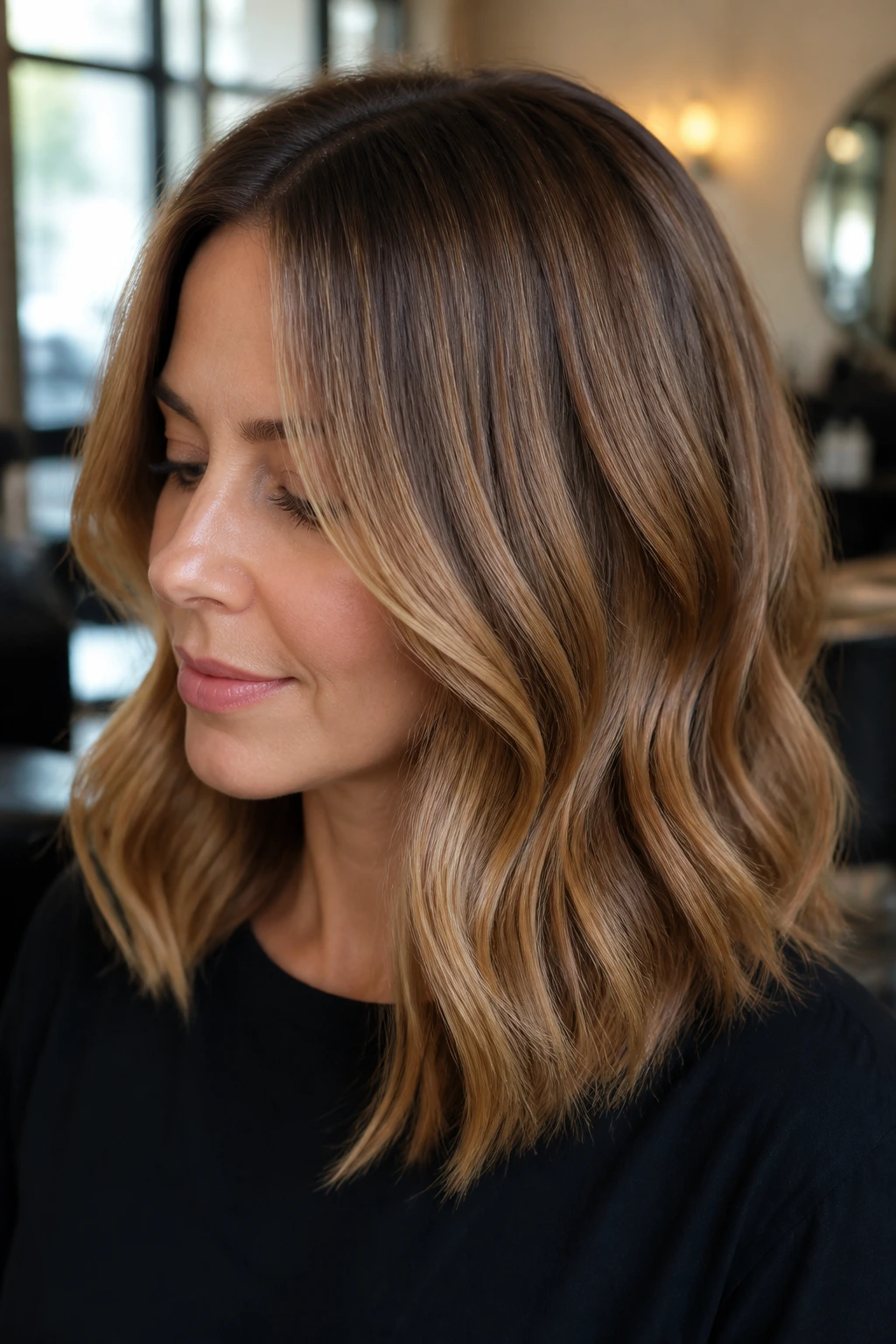 Close-up of real person with warm bronde and soft root shadow in natural lighting