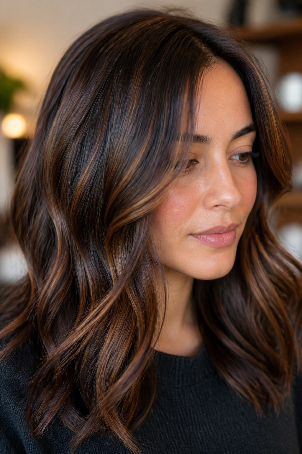 Portrait of a woman with warm brown hair, black balayage and bronze glaze