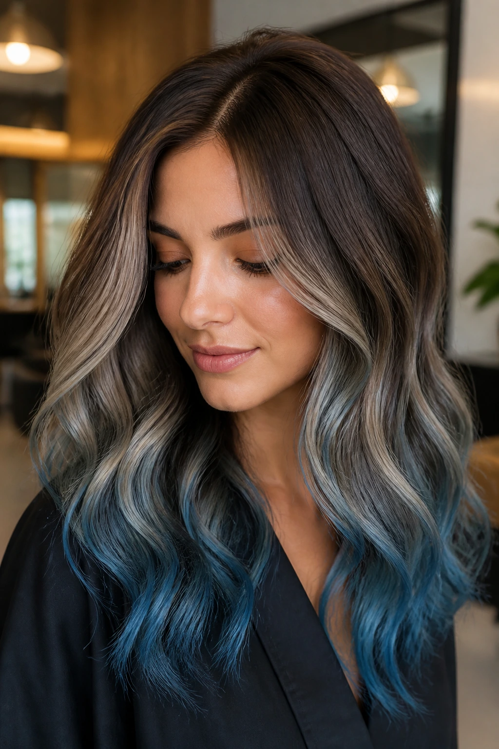 Warm brown hair with beige blonde blue melt on a real woman.