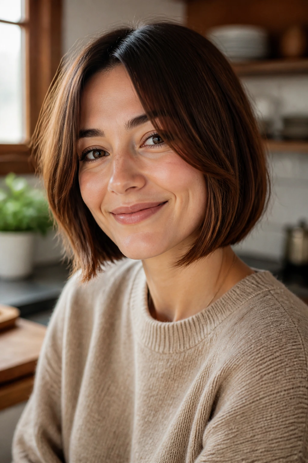 Close-up of real woman with warm brown blunt bob in kitchen light