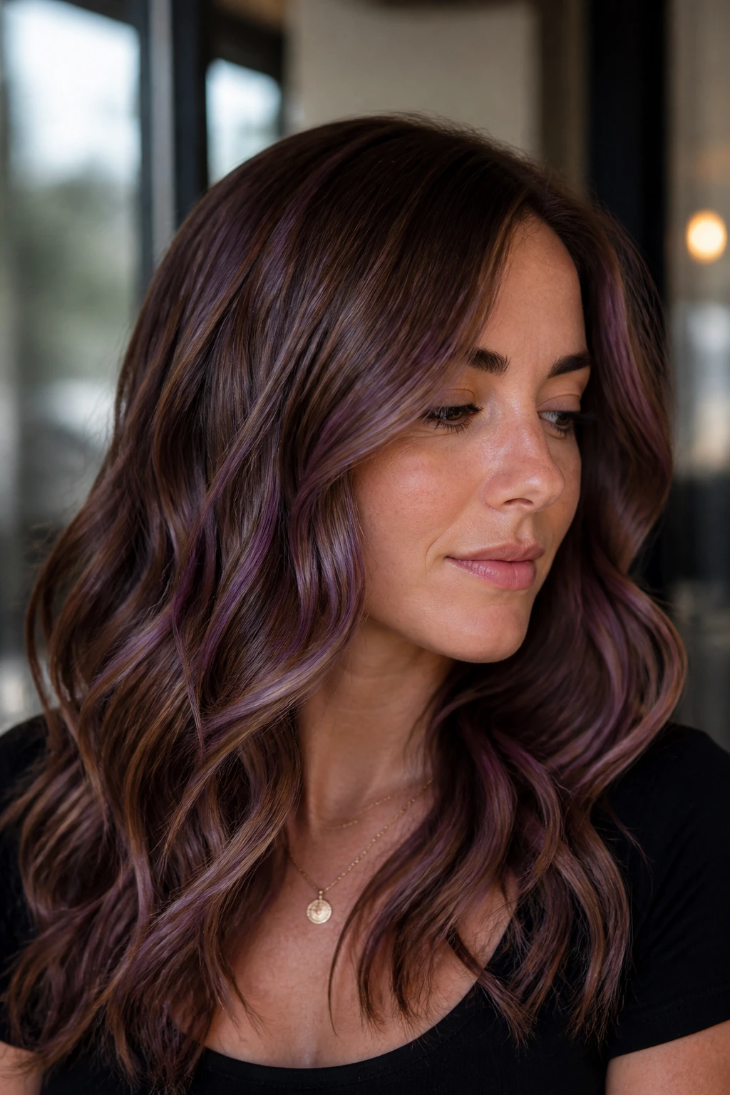 Close-up of warm brown hair with soft violet contrast on a real person
