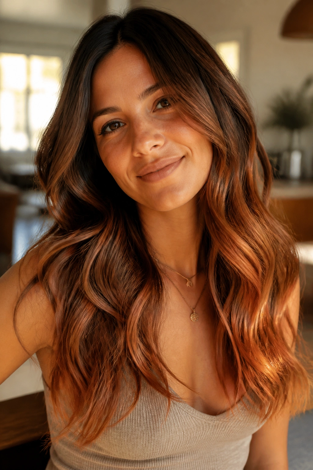 Close-up of a real woman with warm brown ombre and copper kisses