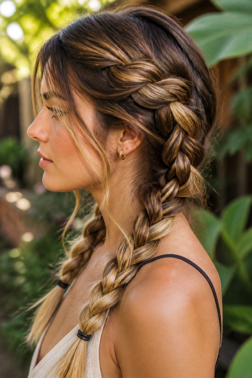 Portrait of a real woman with warm brunette to butterscotch blonde braids