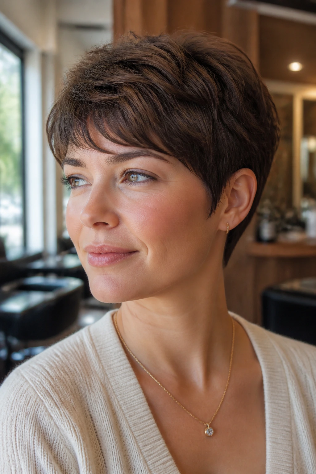 Close-up portrait of a real woman with warm brunette feathered pixie in a salon