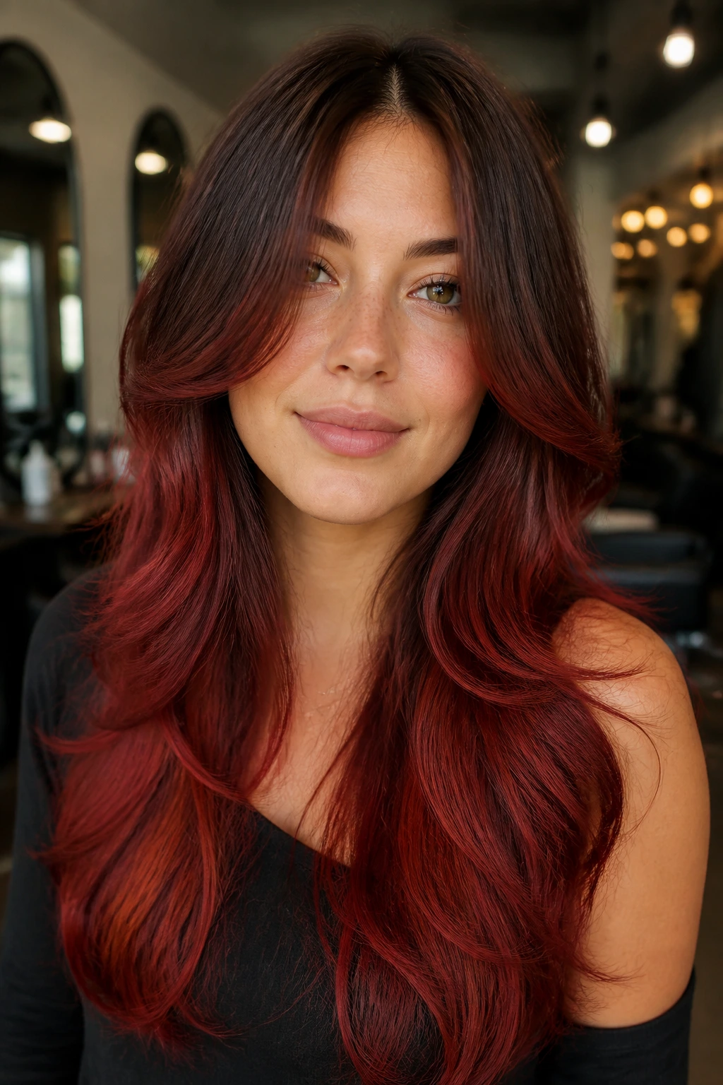 Close-up of butterfly-cut hair transitioning from warm brunette to sunset red