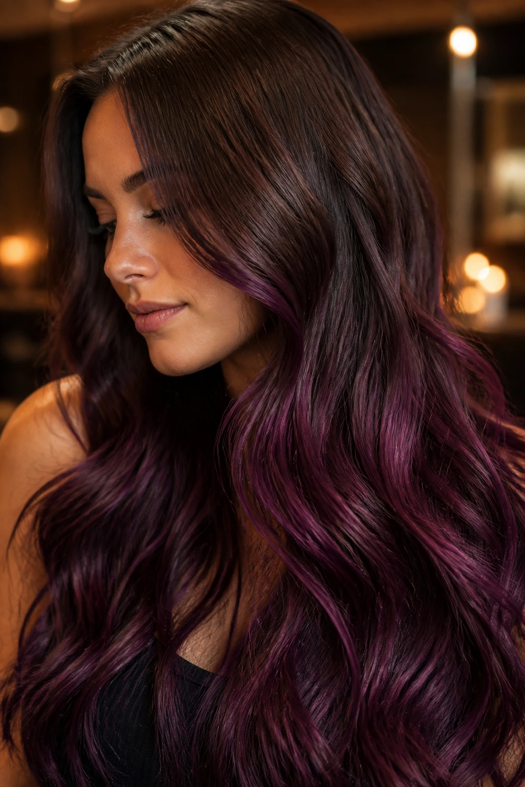 Close-up of warm brunette to wine purple ombre on a real woman