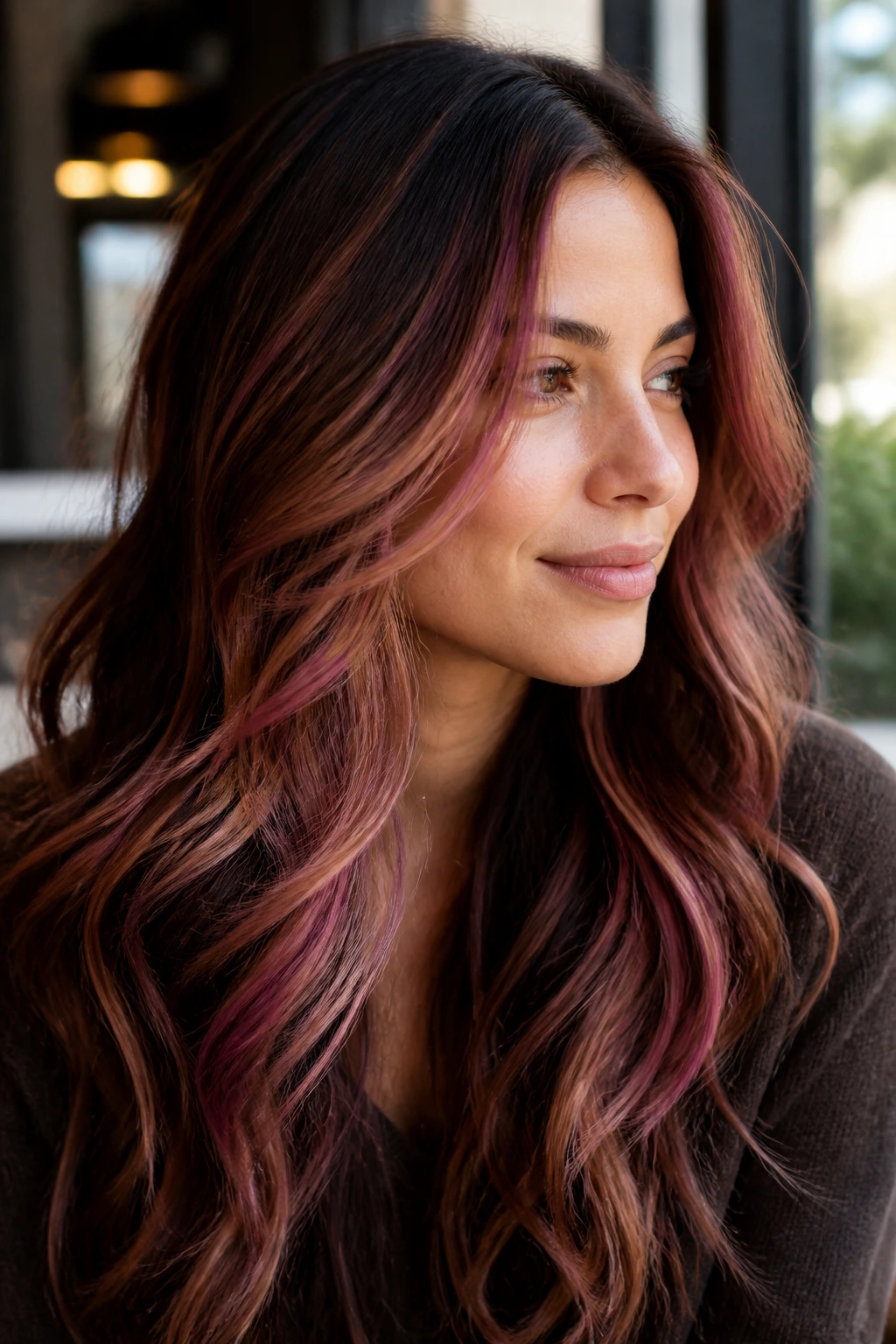 Close-up of golden brown hair with warm burgundy-pink highlights blended naturally.