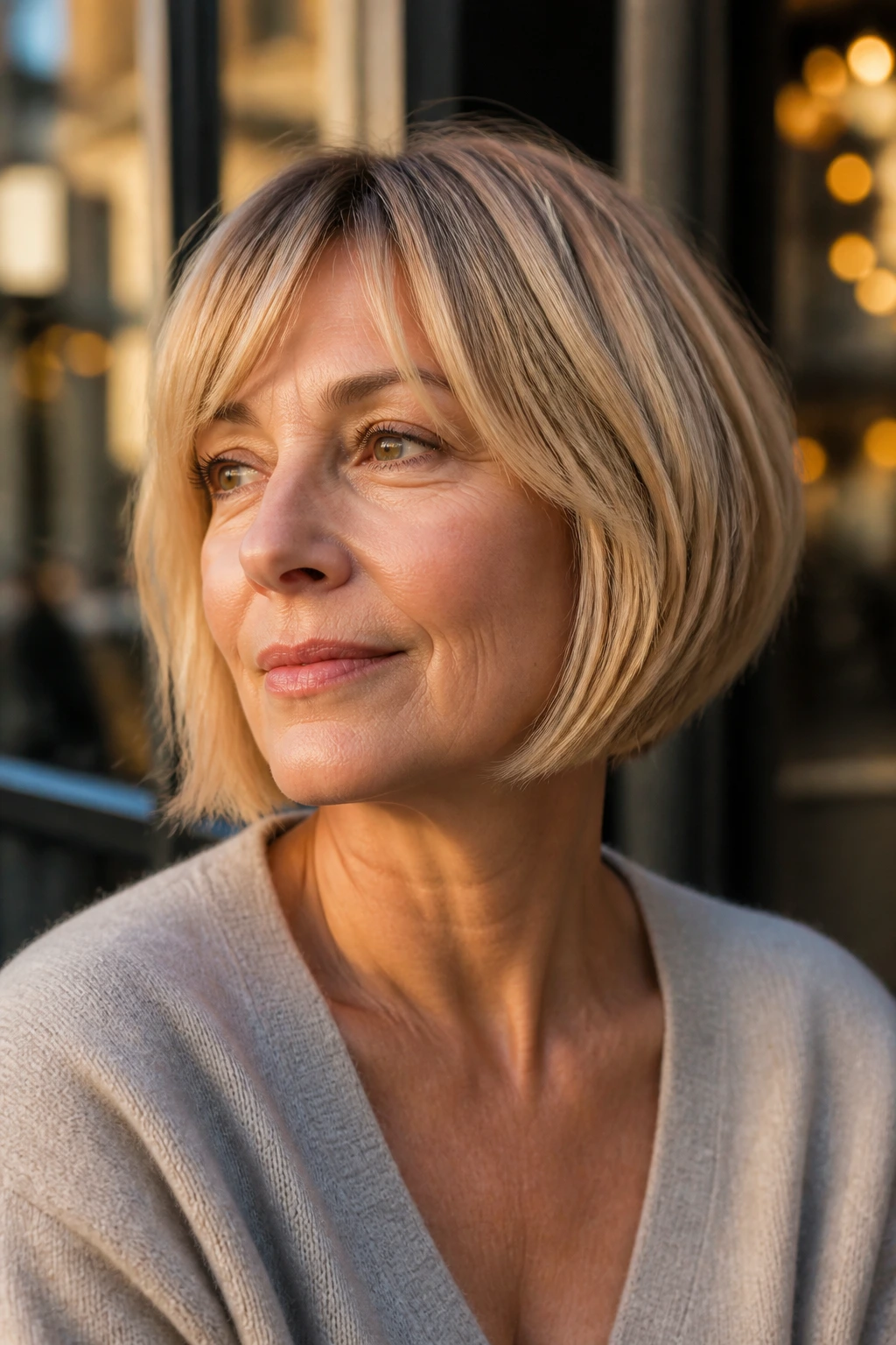 Portrait of a woman with a French bob in warm butter blonde.