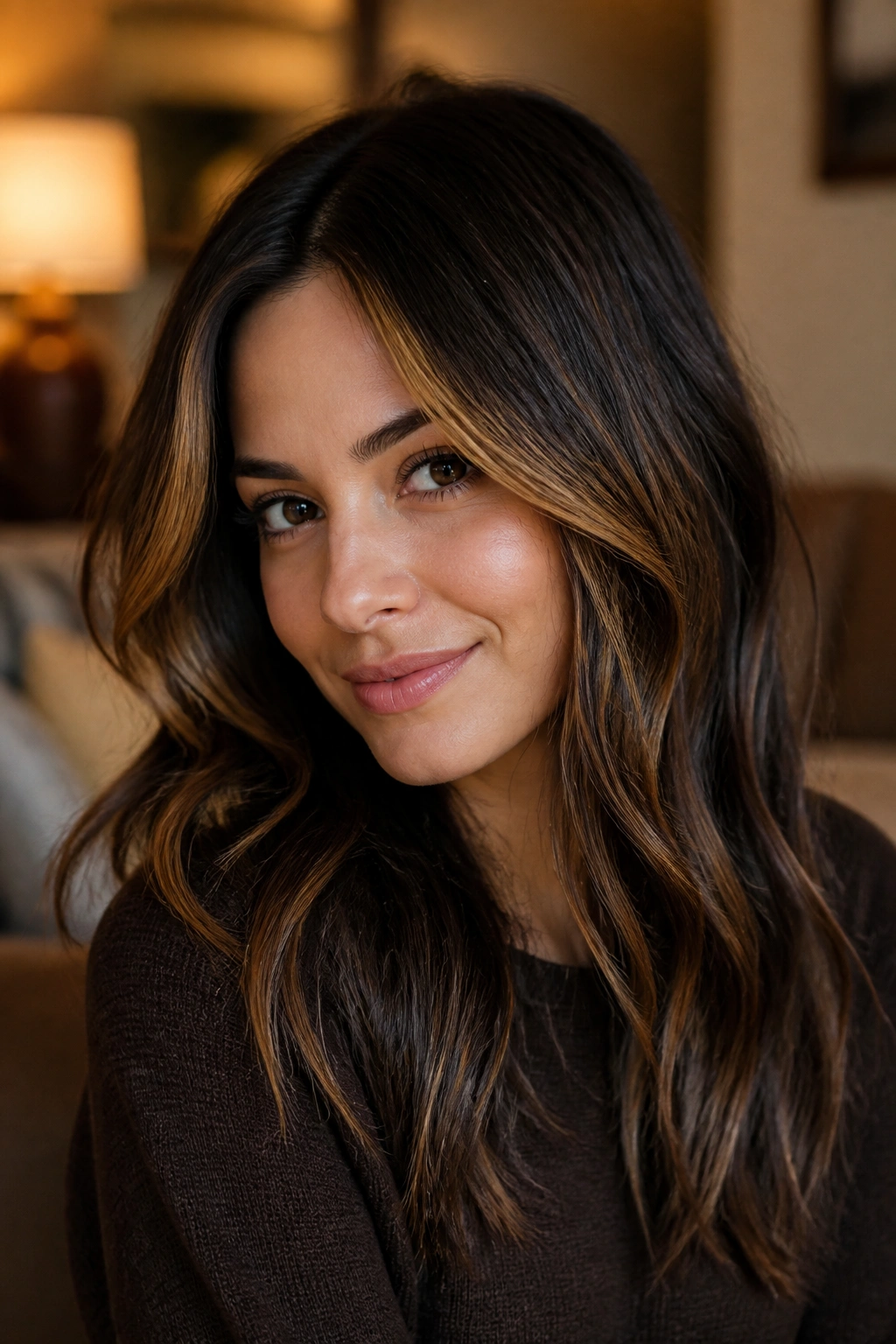 Warm caramel highlights on deep chocolate brown hair with soft waves.