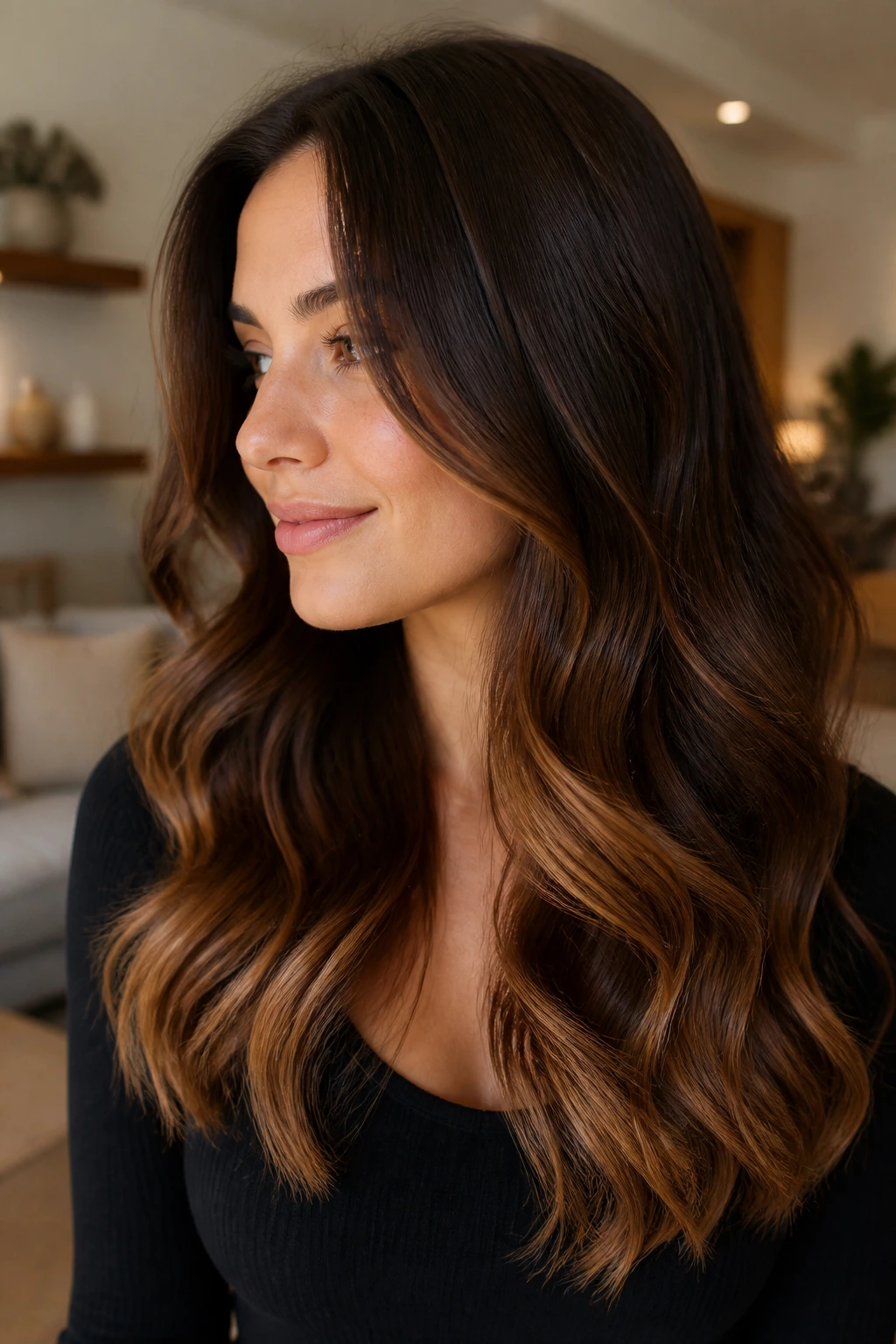 Close-up of warm chestnut balayage with toffee tips on a real person