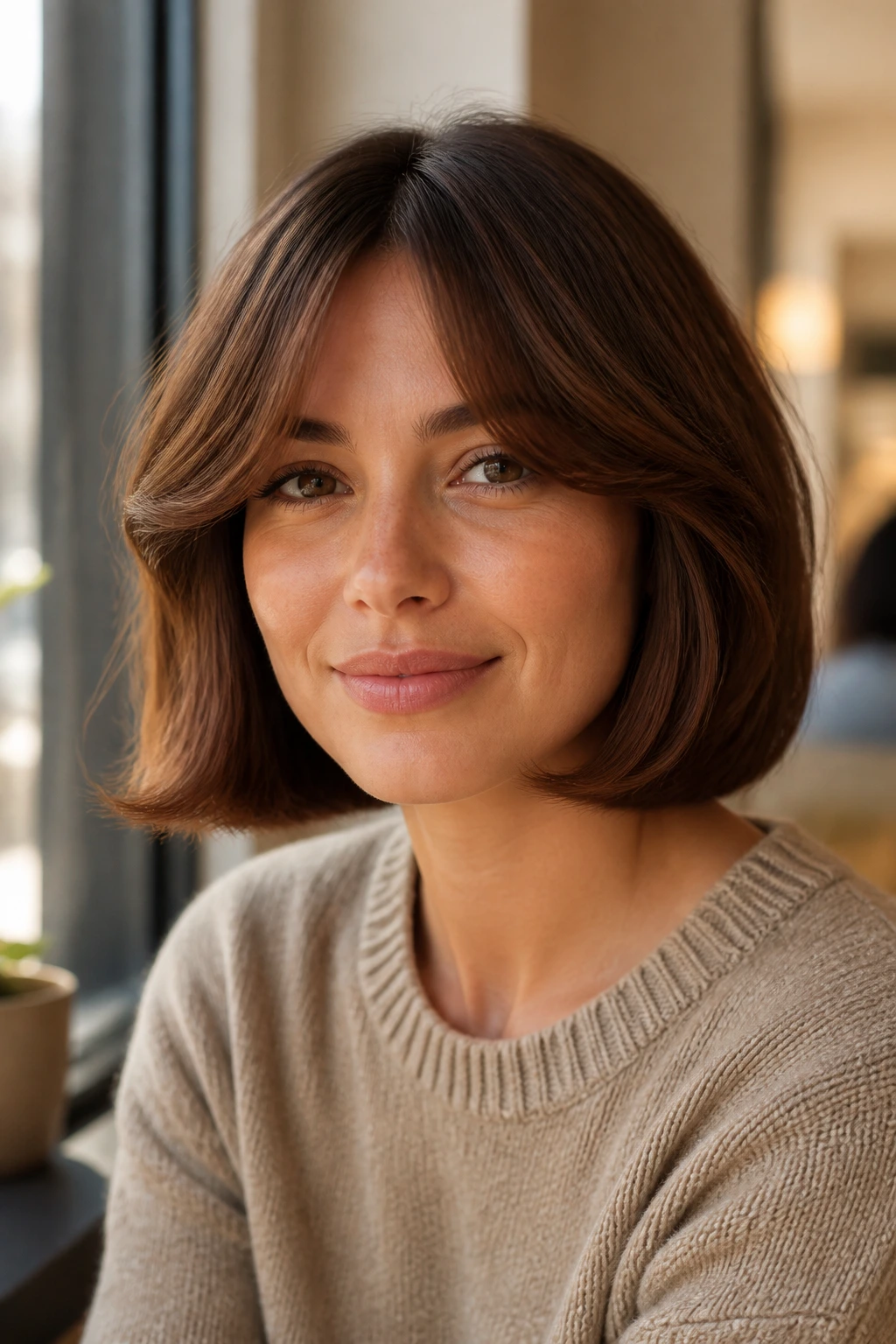Brunette with warm chestnut bob and curtain bangs.