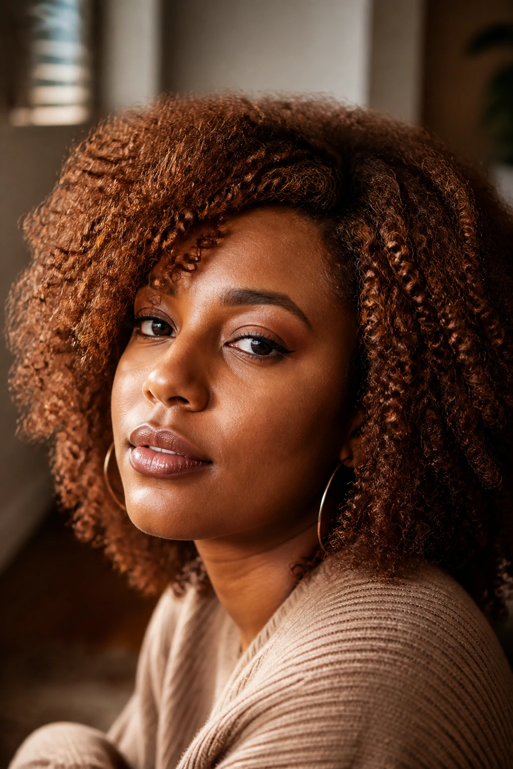 Close-up portrait of a real person with warm chestnut hair featuring red and gold undertones.