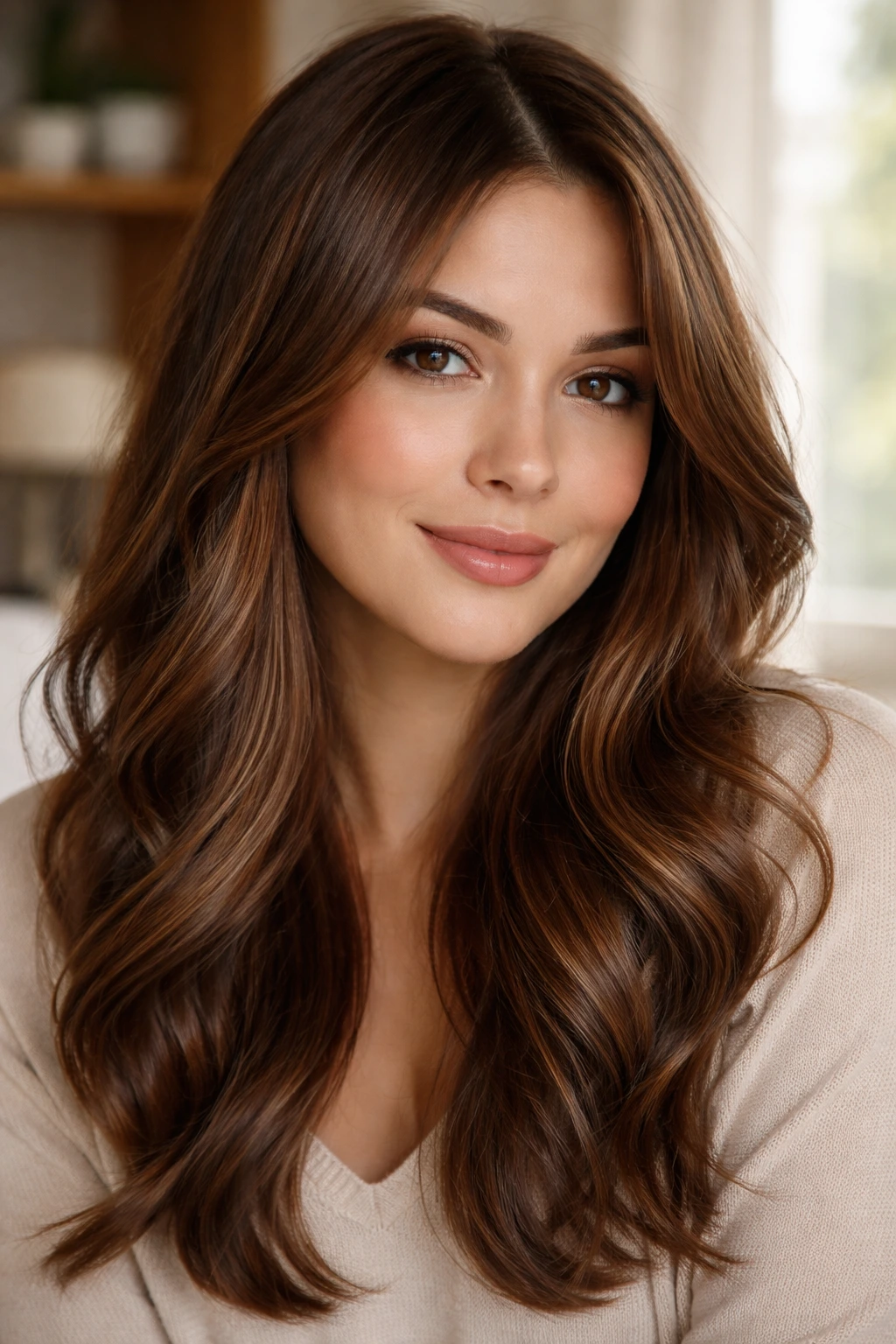 Close-up of a woman with warm chestnut hair and subtle babylights around the face
