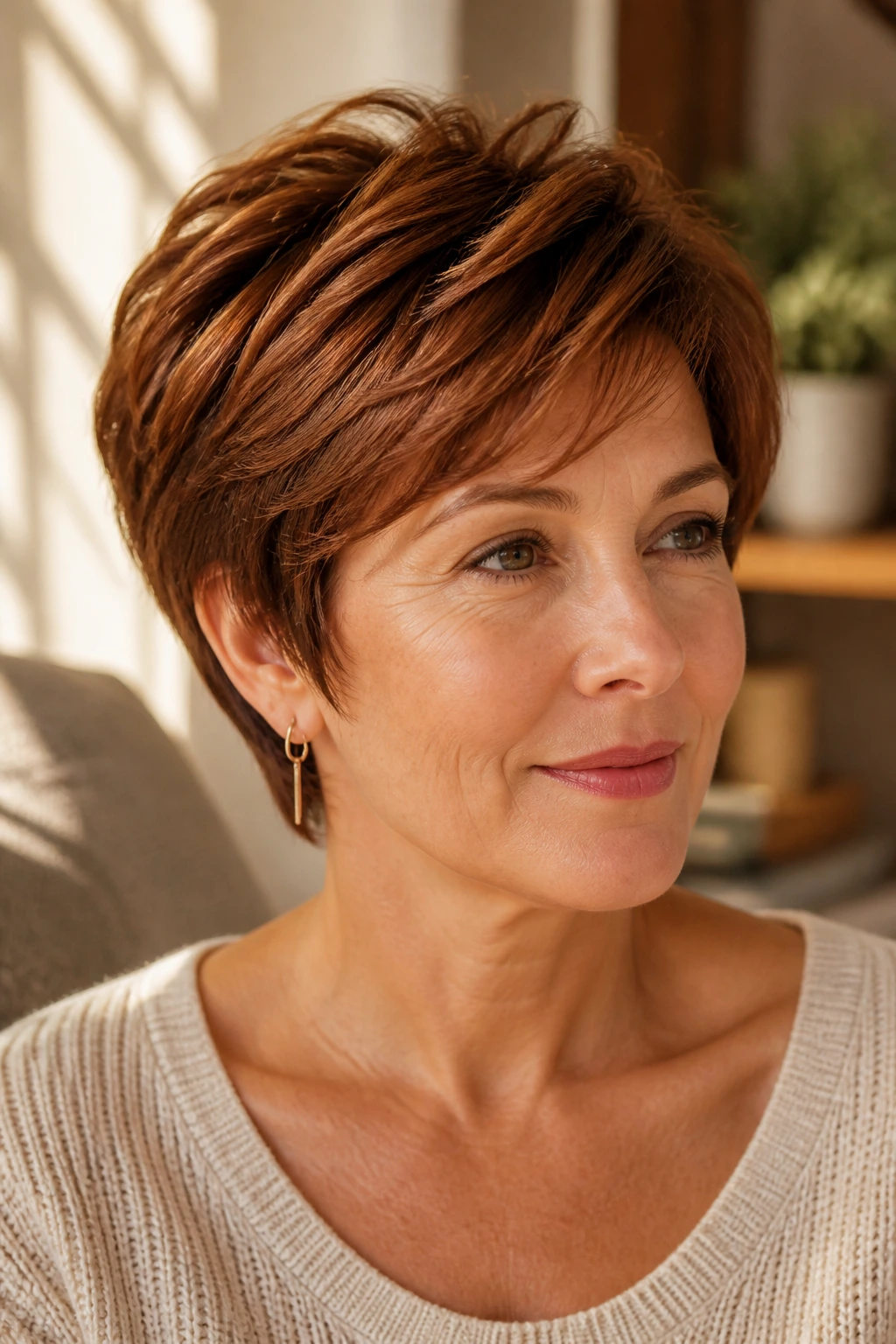 Close-up portrait of a real woman with warm chestnut feathered pixie.