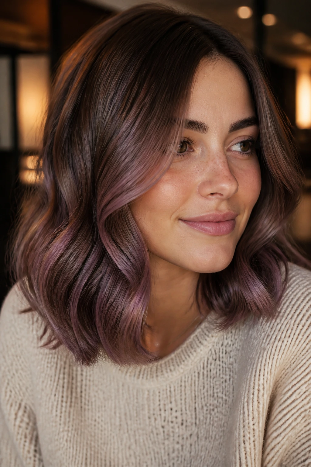 Close-up of warm cocoa hair with mauve gloss.