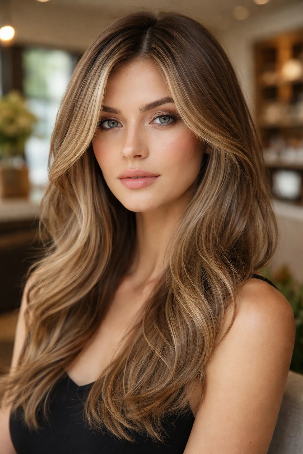 Close-up portrait of a real person with a warm-cooled beige blend, highlighting face framing warmth and cool lowlights.