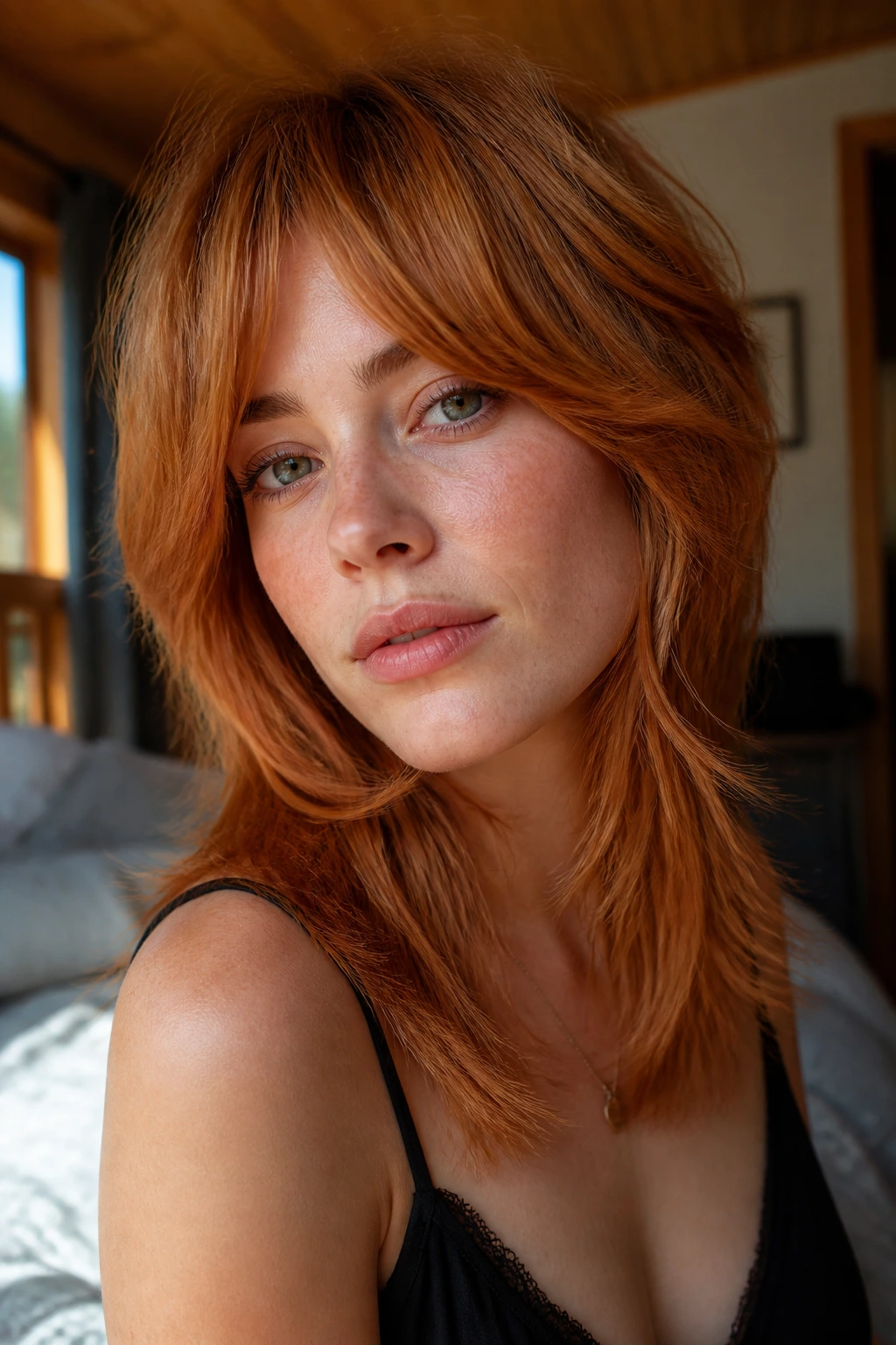 Close-up of a real woman with a warm copper shag and long layered lengths, collarbone-length front pieces, natural window light.