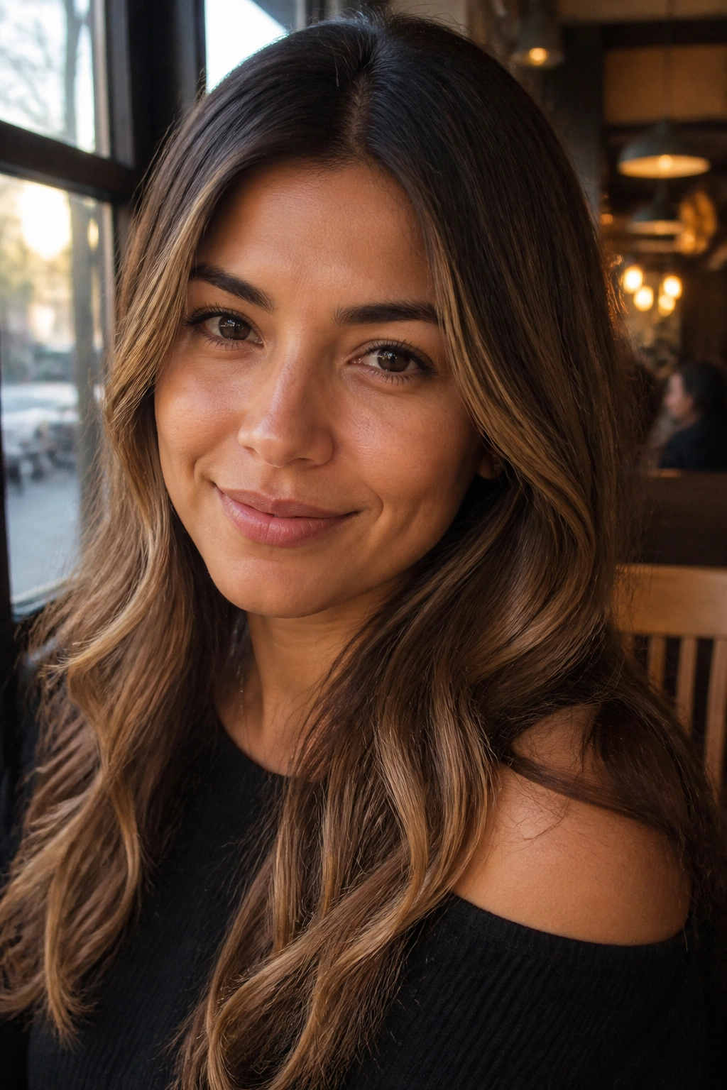 Close-up of a real woman with warm hazelnut accents on golden skin in soft ambient light.